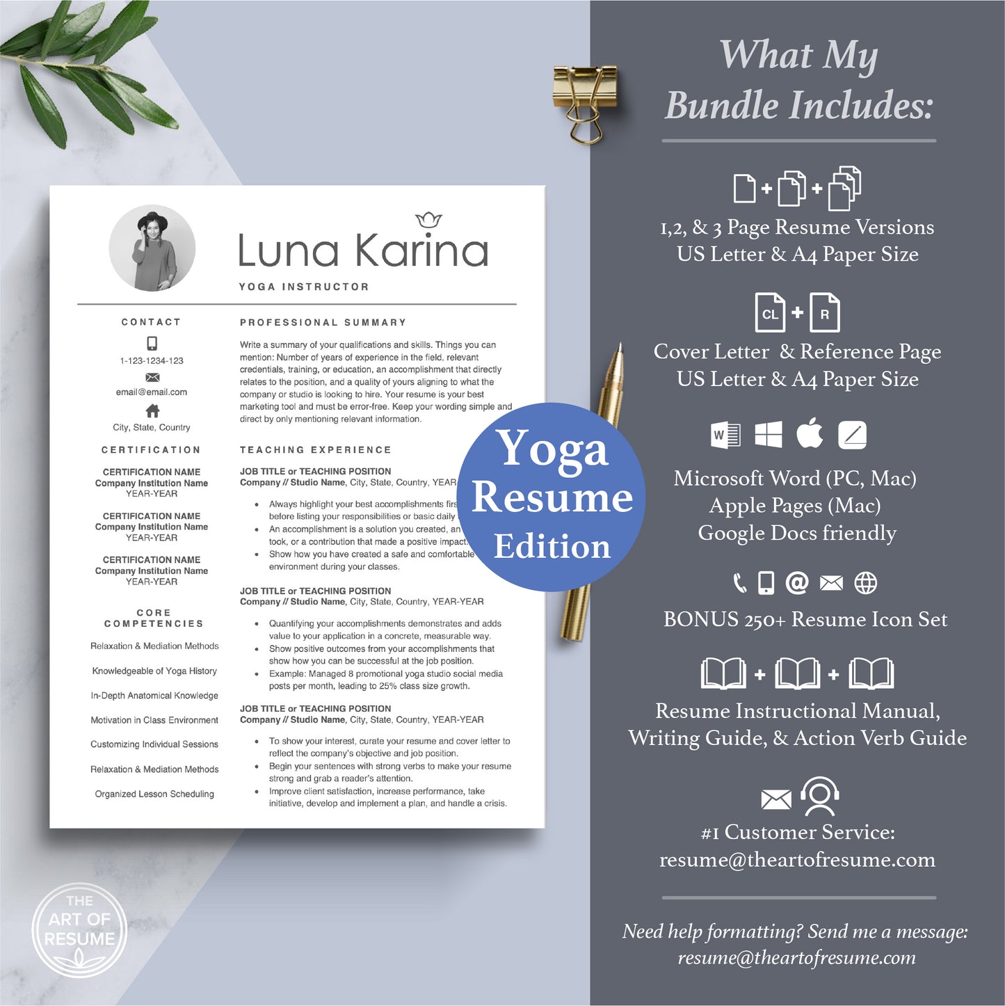 The Art of Resume Templates | Yoga Teacher Resume CV Template Maker 3, Cover Letter, Reference Page, Mac, PC, A4 Paper, US size, Microsoft Word. Apple Pages, Google Docs, Chromebook