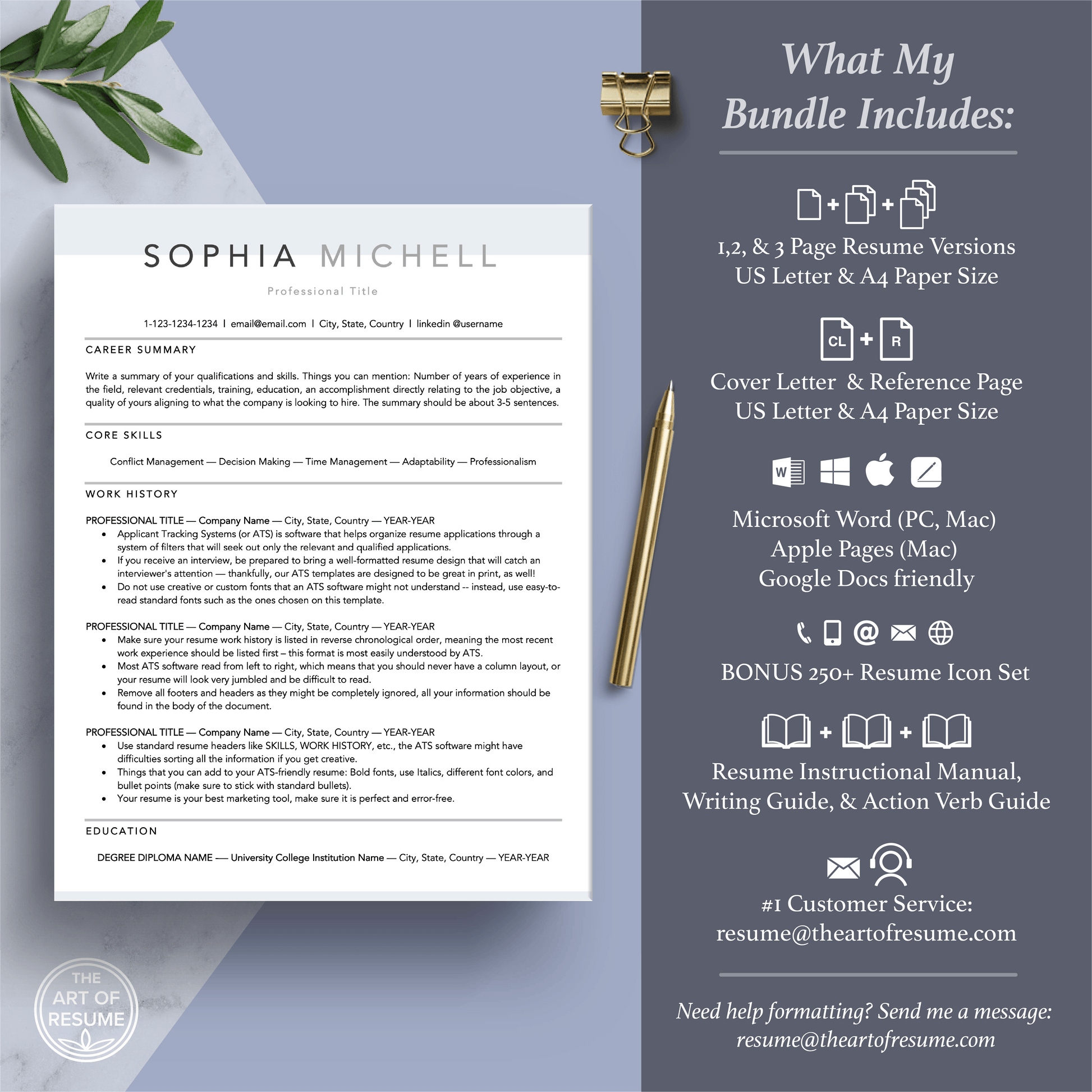 The Art of Resume Templates | Professional Simple Resume CV Template Maker 3, Cover Letter, Reference Page, Mac, PC, A4 Paper, US size, Free Guide, The Art of Resume Writing, 250 Bonus Resume Icons