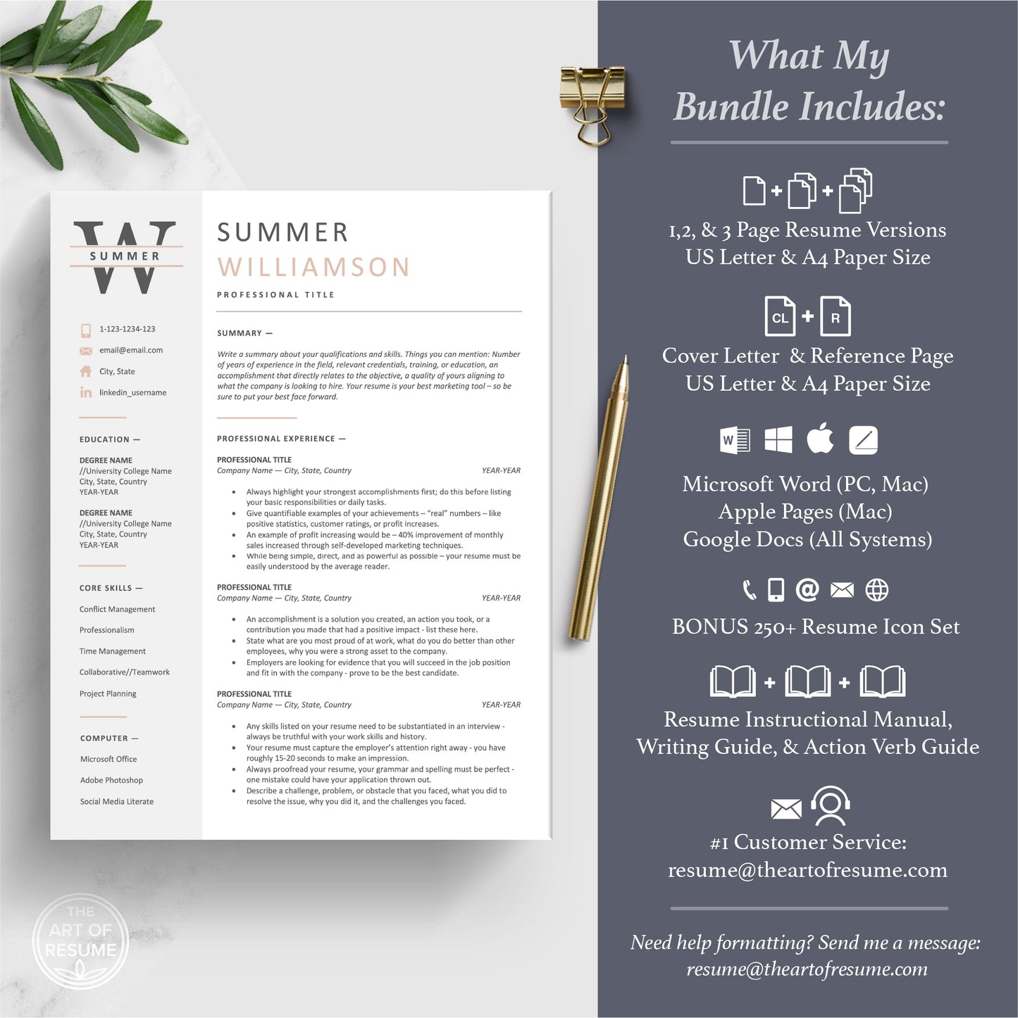 The Art of Resume Templates | ATS Friendly Compatible Resume CV Design Template Bundle, Instant Download Bundle for Google Docs, Apple Pages, Microsoft Word, Mac, PC, Chromebook, Tablet