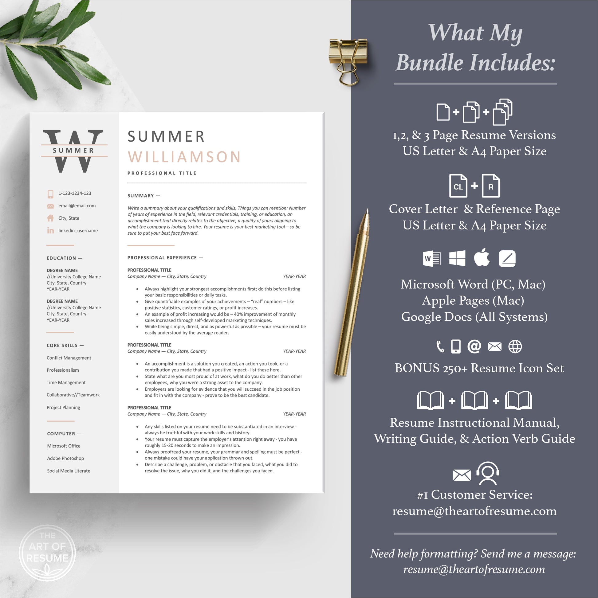 The Art of Resume Templates | ATS Friendly Compatible Resume CV Design Template Bundle, Instant Download Bundle for Google Docs, Apple Pages, Microsoft Word, Mac, PC, Chromebook, Tablet