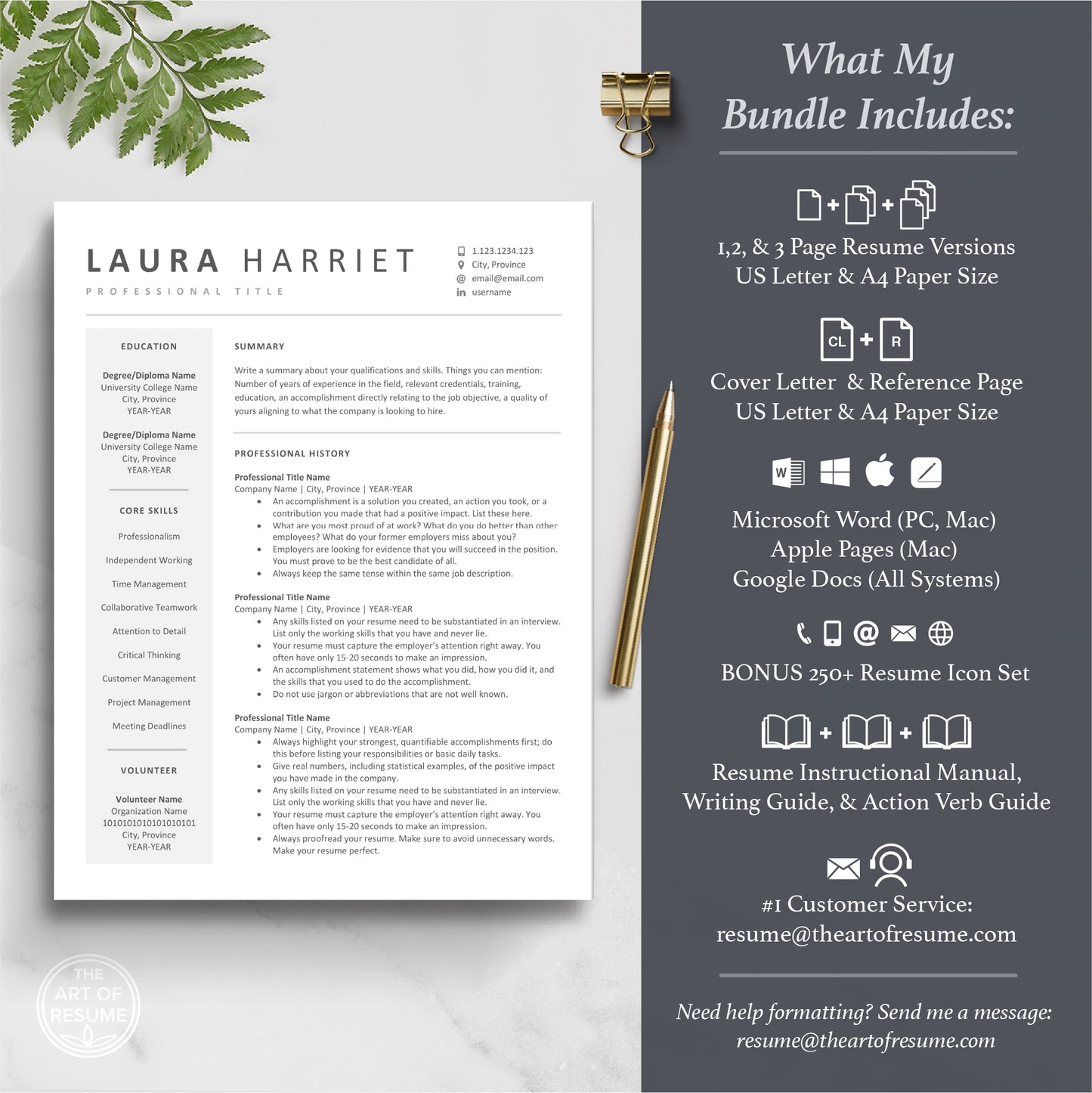 The Art of Resume Templates | ATS Friendly Compatible Resume CV Design Template Bundle, Instant Download Bundle for Google Docs, Apple Pages, Microsoft Word, Mac, PC, Chromebook, Tablet