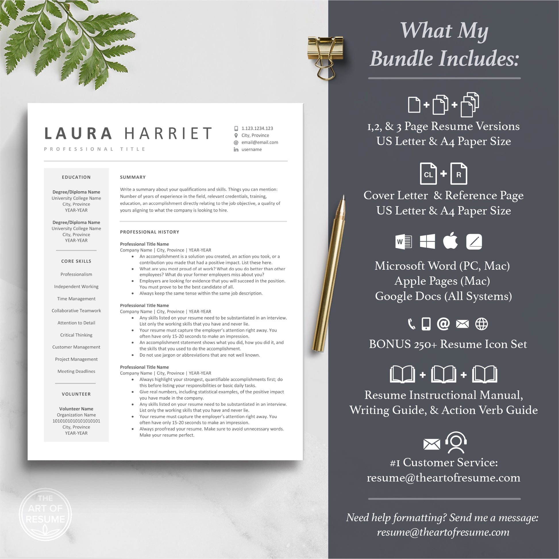The Art of Resume Templates | ATS Friendly Compatible Resume CV Design Template Bundle, Instant Download Bundle for Google Docs, Apple Pages, Microsoft Word, Mac, PC, Chromebook, Tablet