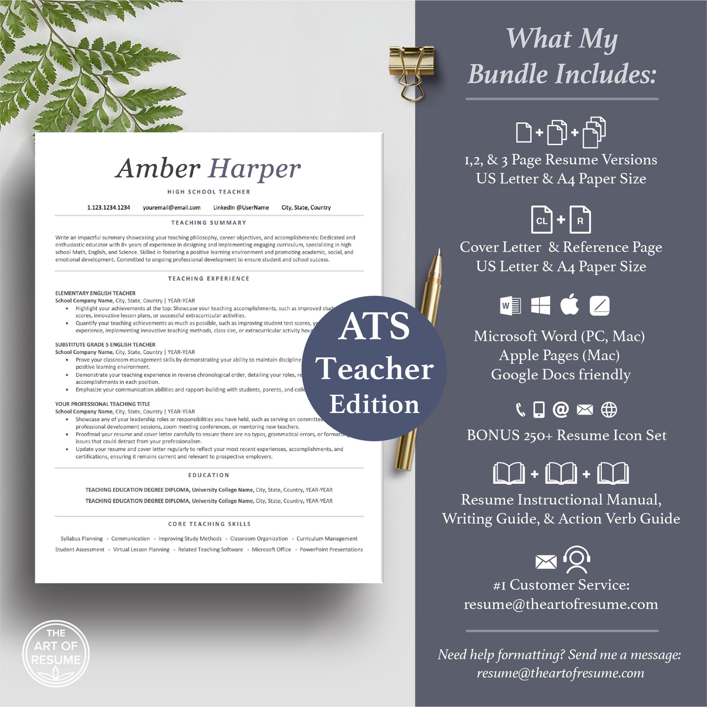 The Art of Resume Templates | ATS-Friendly Teacher Educator Resume CV Template Maker 3, Cover Letter, Reference Page, Mac, PC, A4 Paper, US size, Microsoft Word. Apple Pages, Google Docs, Chromebook