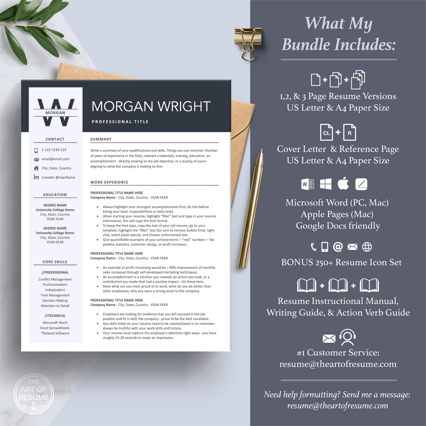 The Art of Resume Templates | Professional Simple Resume CV Template Maker 3, Cover Letter, Reference Page, Mac, PC, A4 Paper, US size, Free Guide, The Art of Resume Writing, 250 Bonus Resume Icons