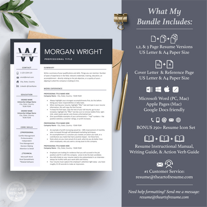 The Art of Resume Templates | Professional Simple Resume CV Template Maker 3, Cover Letter, Reference Page, Mac, PC, A4 Paper, US size, Free Guide, The Art of Resume Writing, 250 Bonus Resume Icons