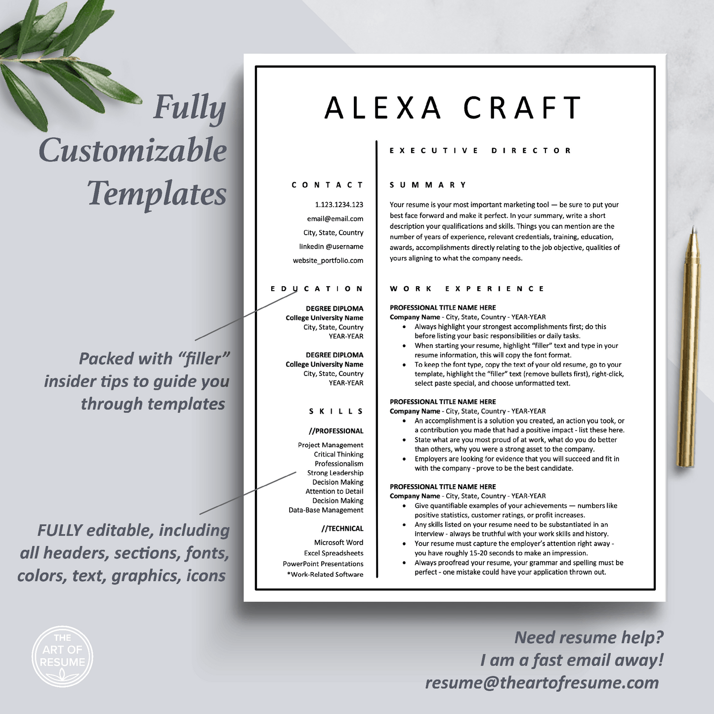 One-Page Simple Resume Design Template Bundle, Instant Download Bundle for Apple Pages and Microsoft Word, Mac and PC
