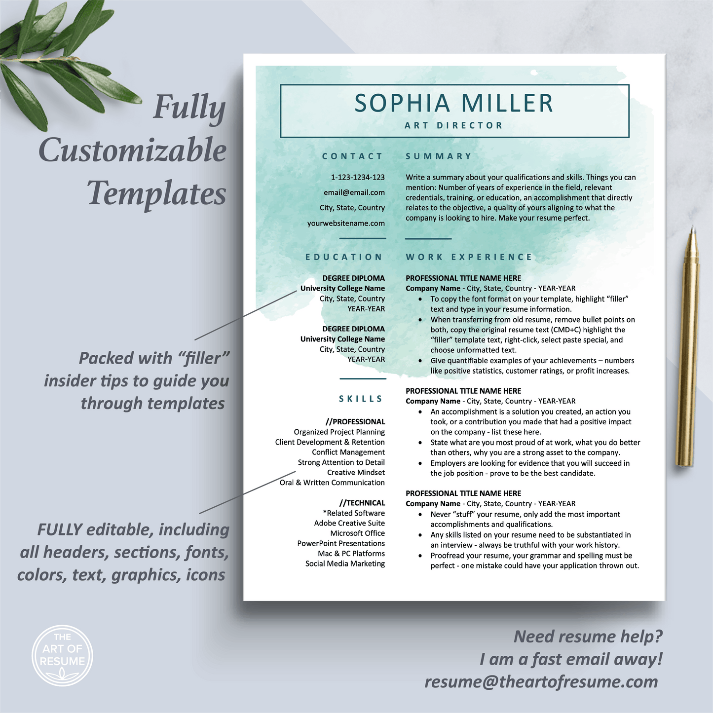 The Art of Resume Templates | One Page Creative Teal Blue Watercolor   Resume CV Design Template Maker | Curriculum Vitae
