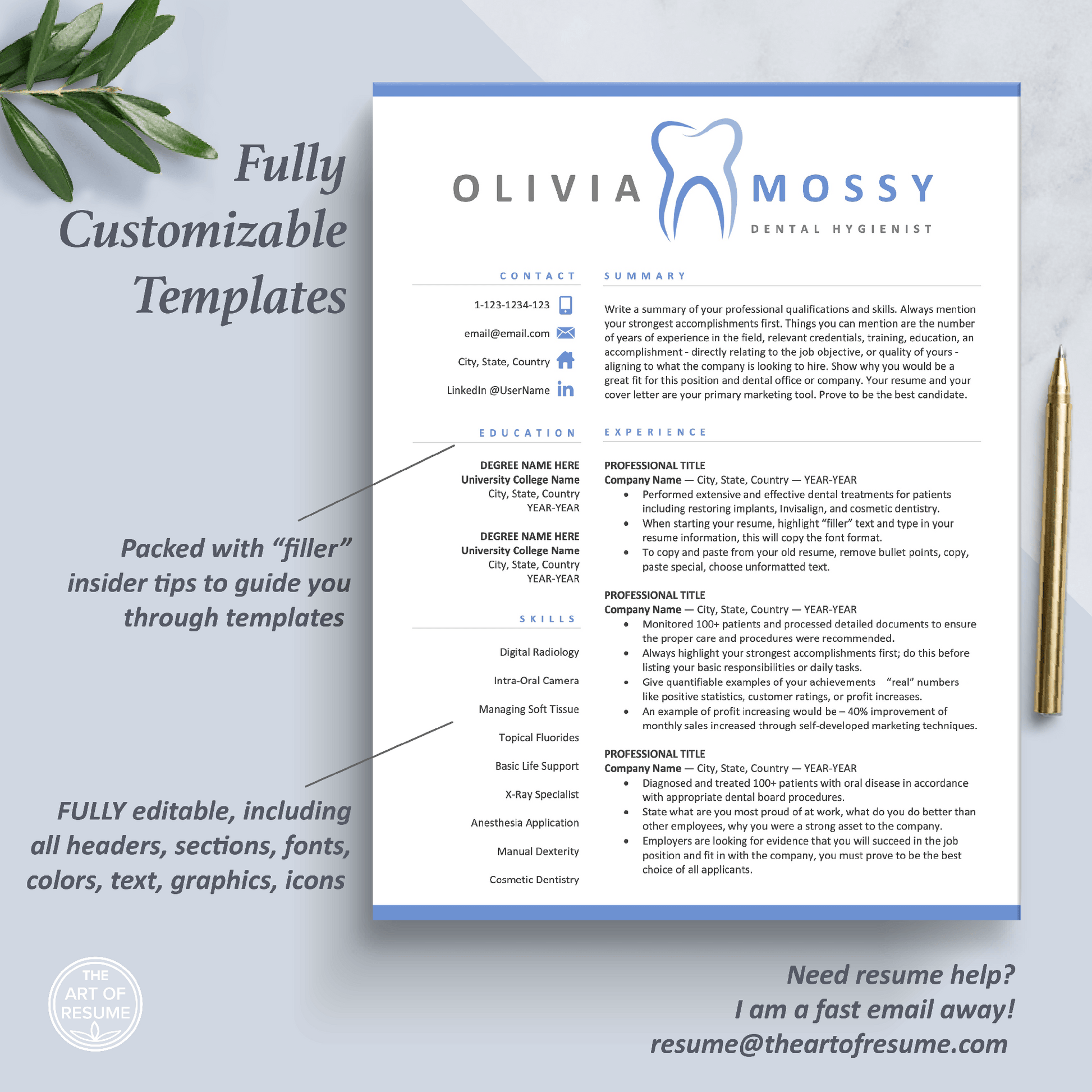 The Art of Resume Templates | One Page Dentist, Hygienist, Dental Student, Assistant Resume CV Design Template Maker | Curriculum Vitae