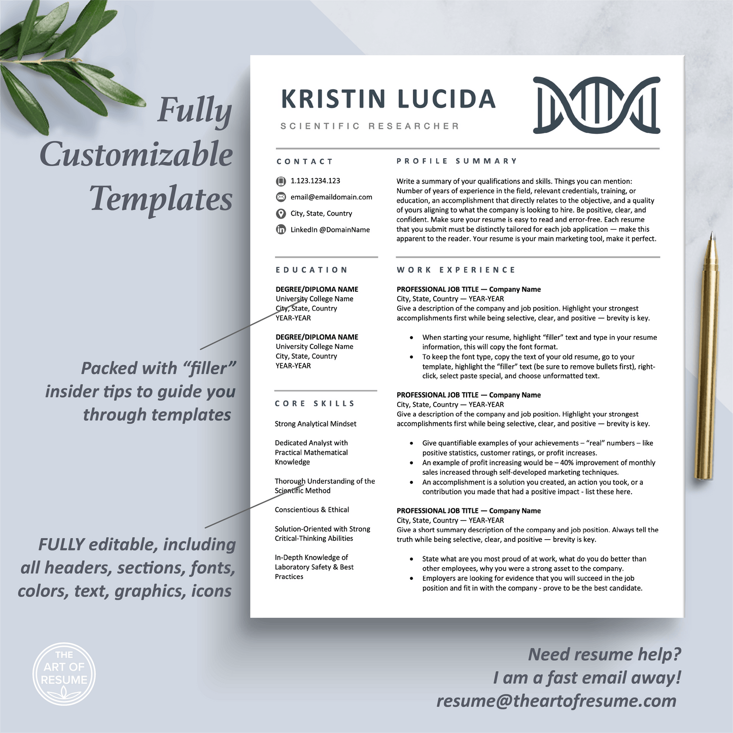 The Art of Resume Templates | One Page Scientist, Biochemist, Lab Researcher, Student, Teacher DNA Helix y Resume CV Design Template Maker | Curriculum Vitae