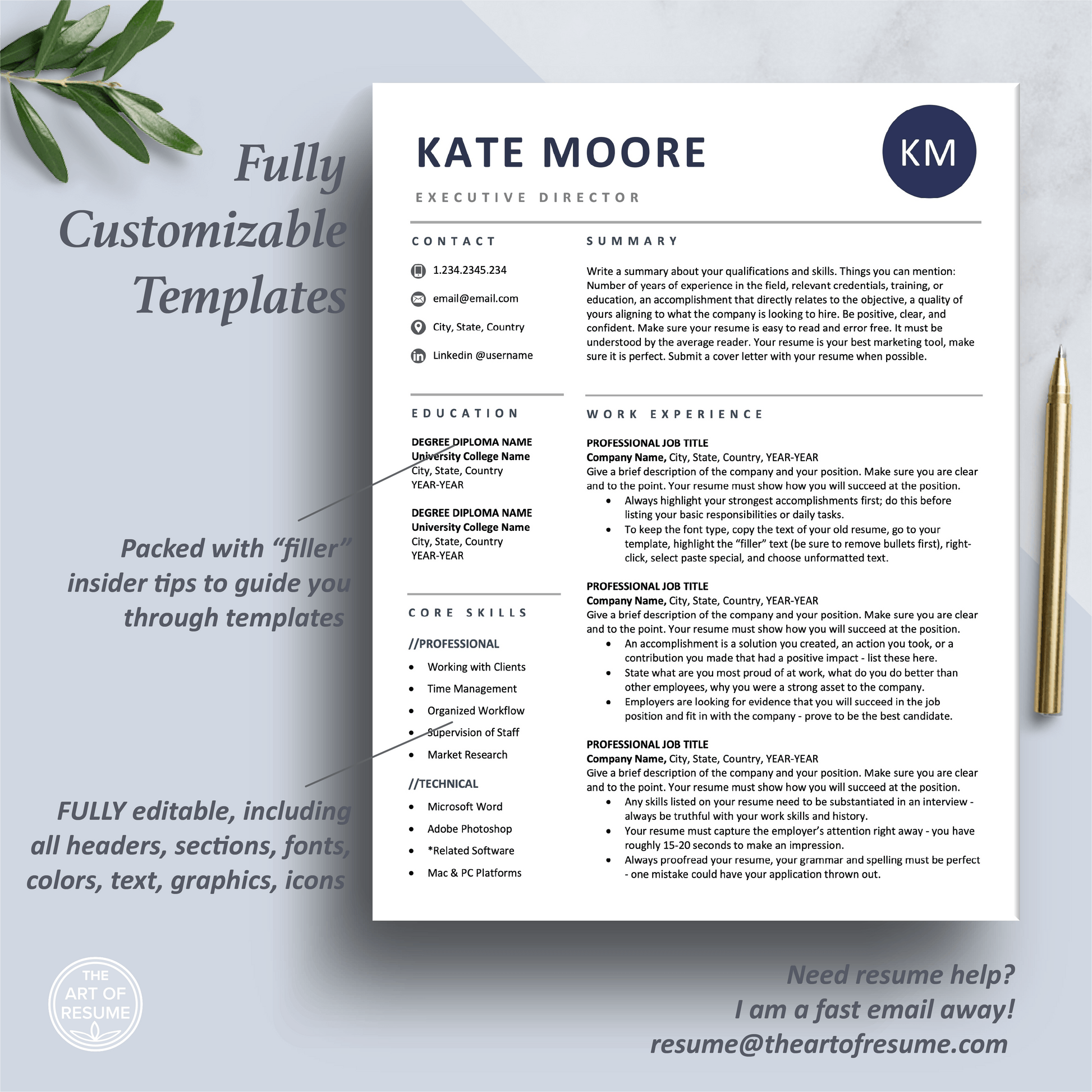 Professional Resume Template | Navy Blue CV Template Design - The Art of Resume