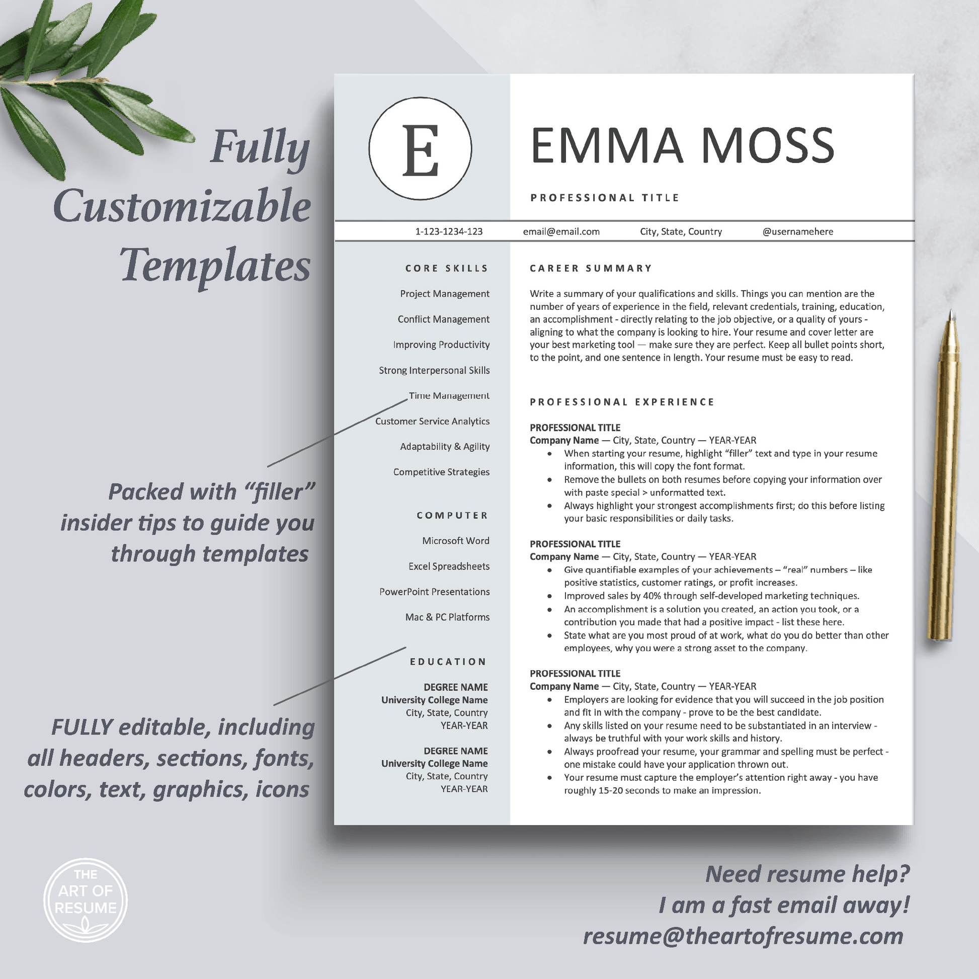 The Art of Resume Templates | One Page Blue  Professional Resume CV Design Template Maker | Curriculum Vitae