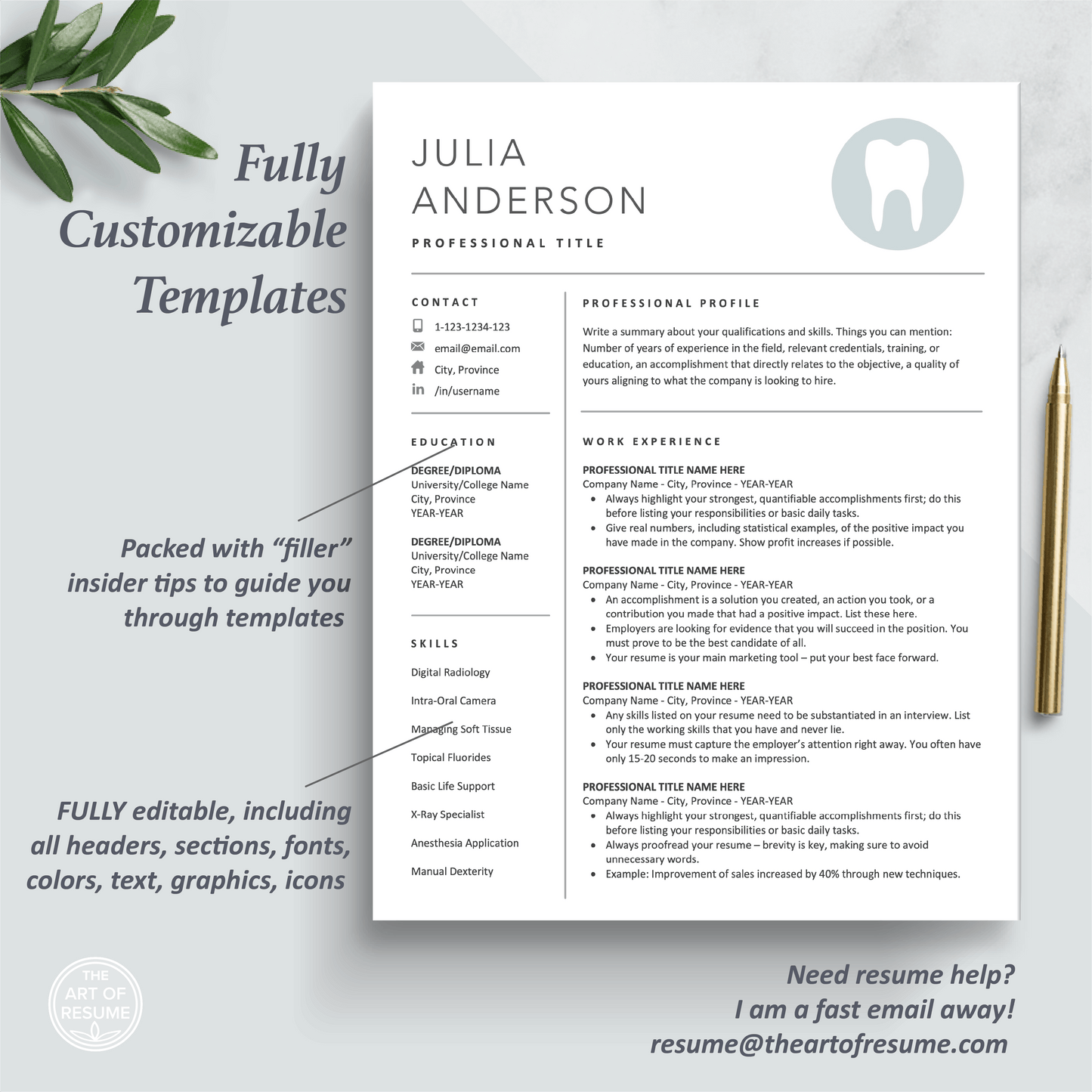 The Art of Resume Templates | One Page Dentist, Hygienist, Dental Student, Assistant Resume CV Design Template Maker | Curriculum Vitae