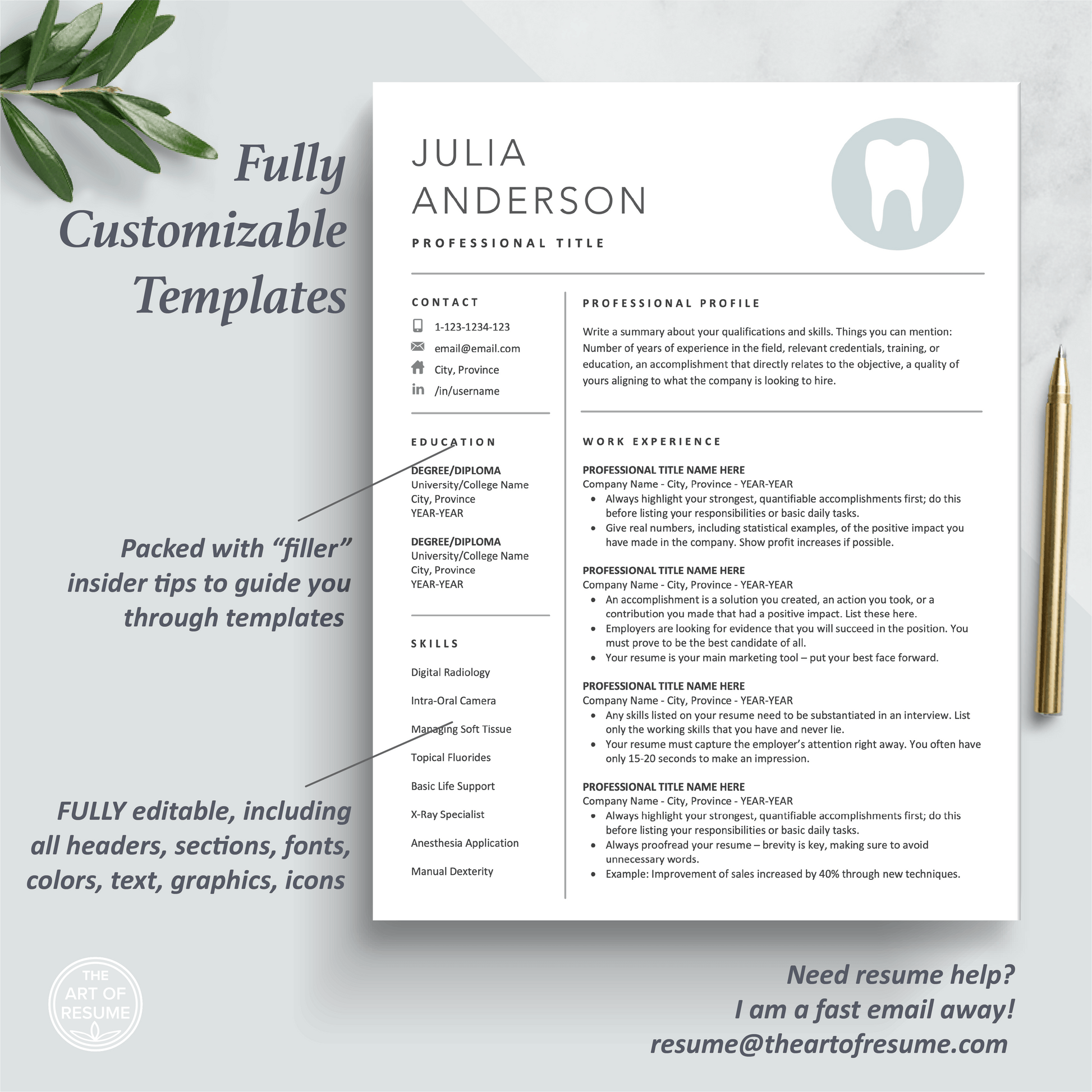 The Art of Resume Templates | One Page Dentist, Hygienist, Dental Student, Assistant Resume CV Design Template Maker | Curriculum Vitae