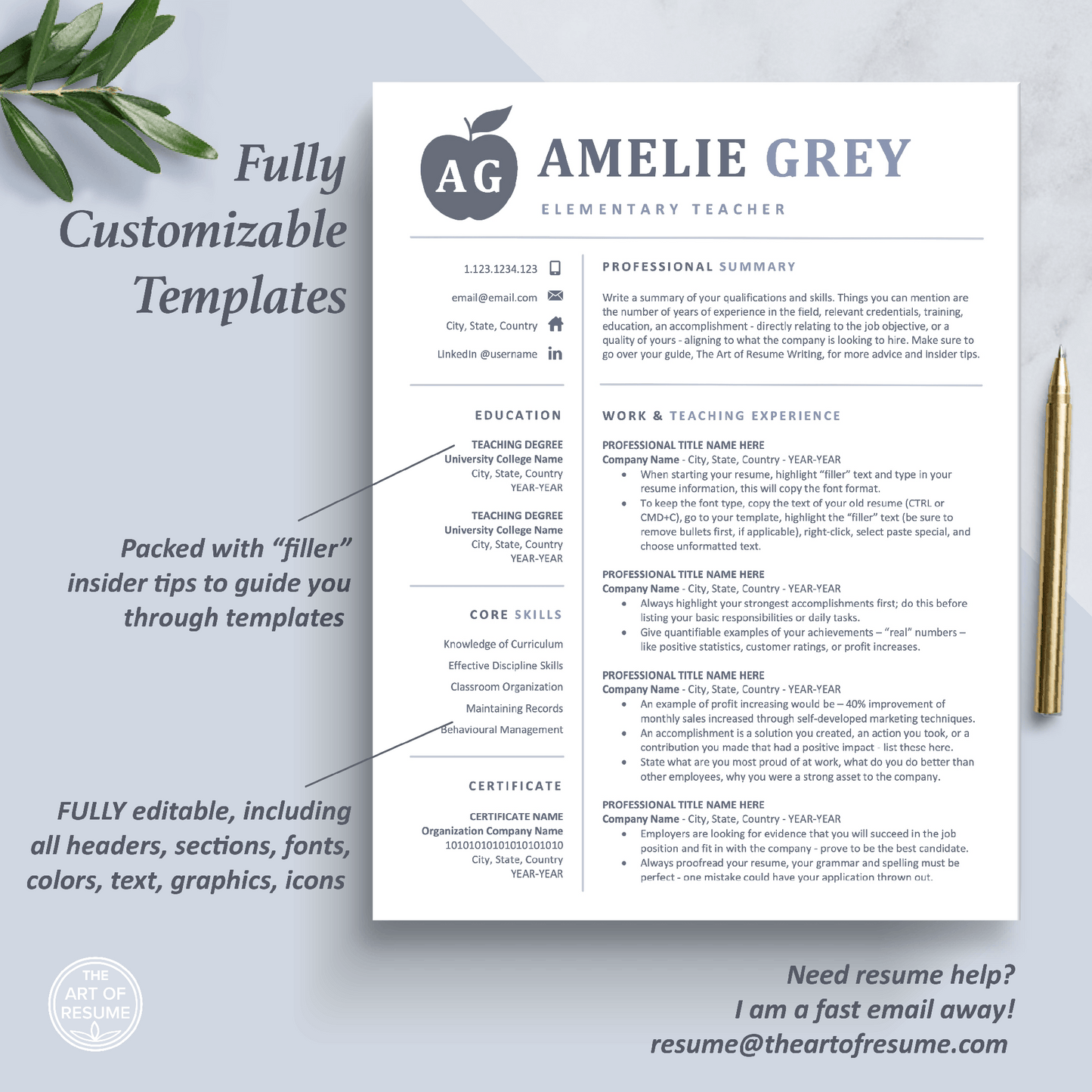 The Art of Resume Templates | One Page Teacher Blue Grey Resume CV Design Template Maker | Curriculum Vitae