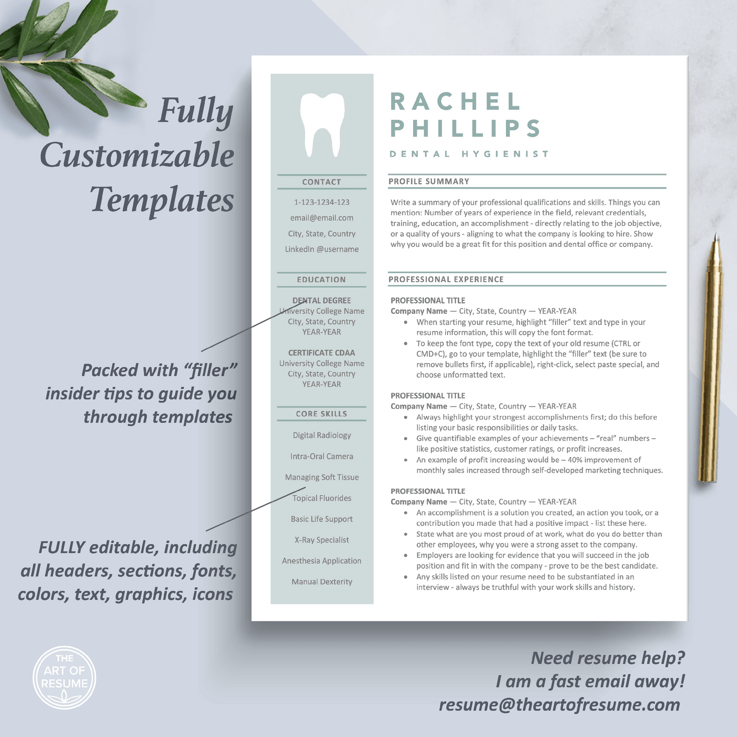 The Art of Resume Templates | One Page Dentist, Hygienist, Dental Student, Assistant Resume CV Design Template Maker | Curriculum Vitae