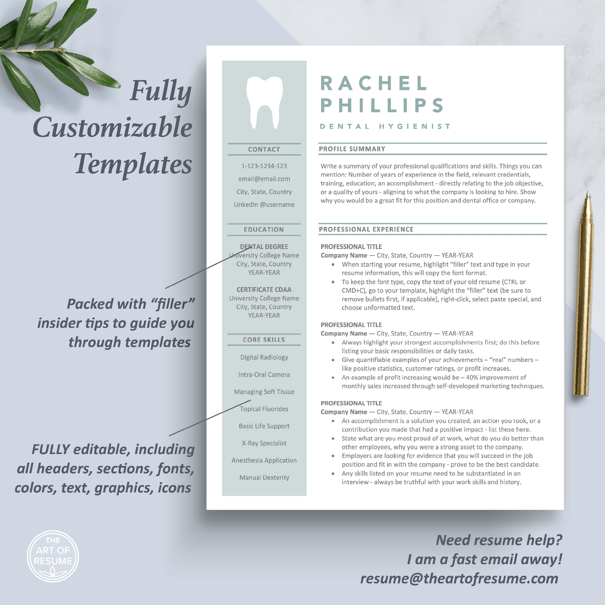 The Art of Resume Templates | One Page Dentist, Hygienist, Dental Student, Assistant Resume CV Design Template Maker | Curriculum Vitae