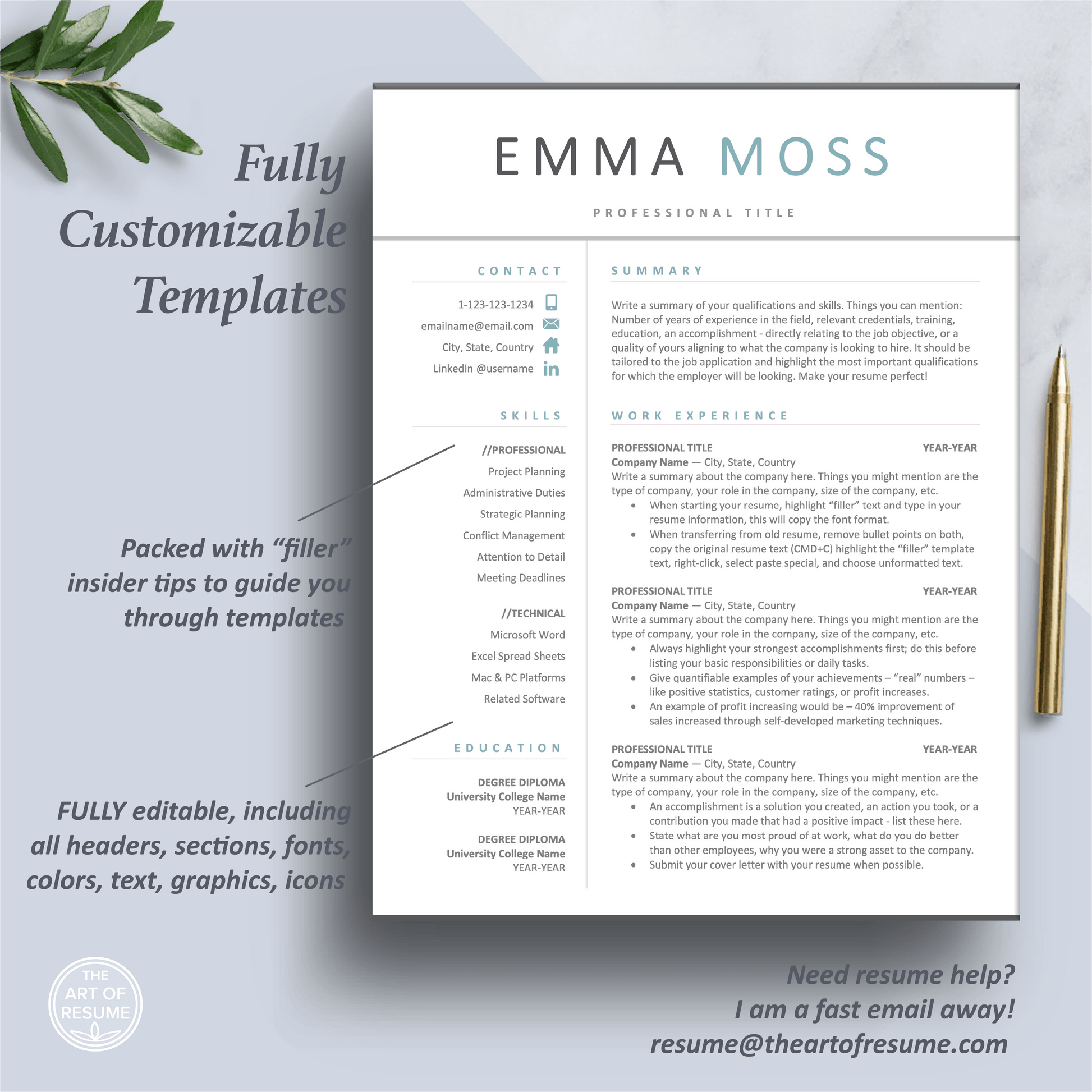Professional Resume Designs | Matching Cover Letter | Free Resume Writing Guide - The Art of Resume