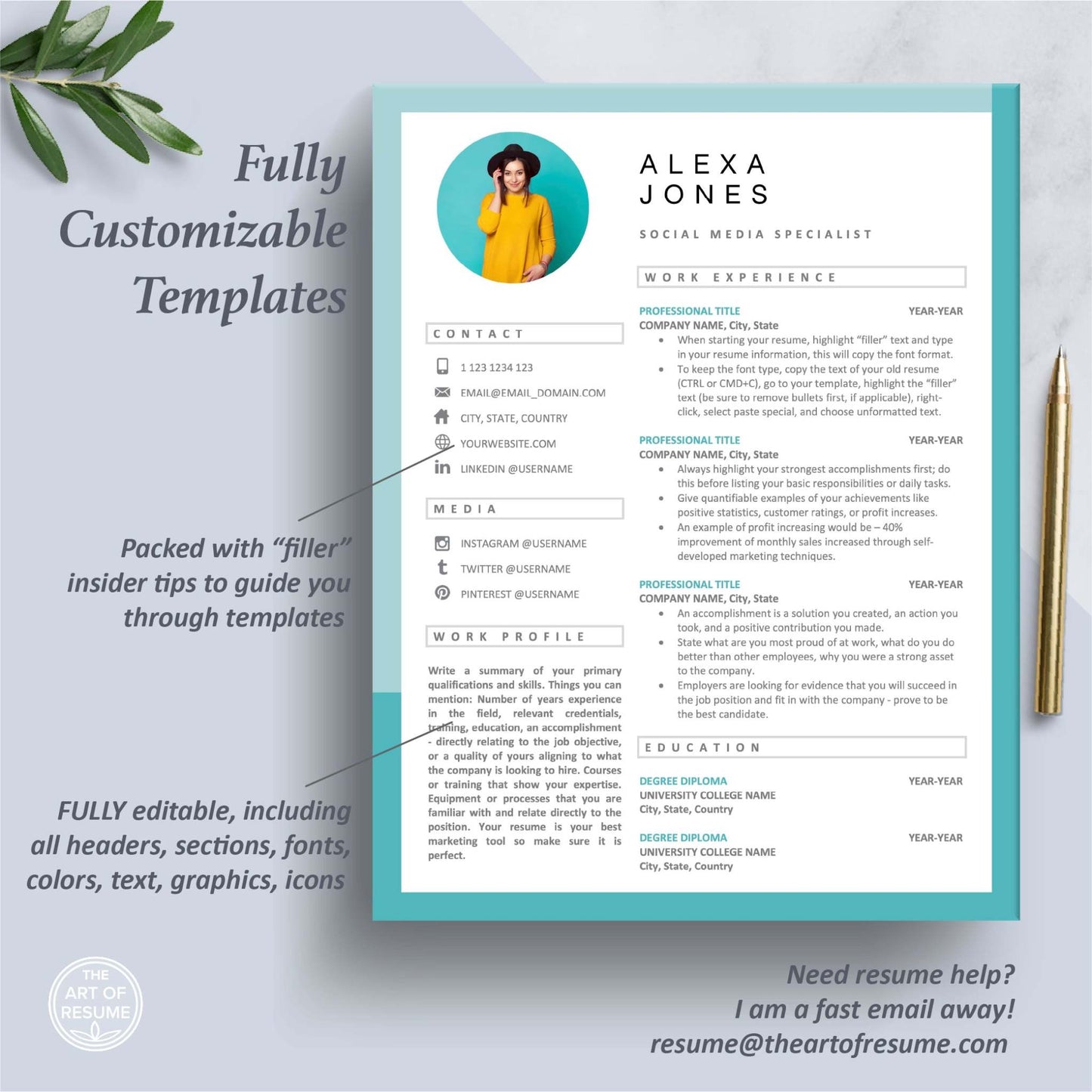 The Art of Resume Templates | One Page Professional Teal Blue Resume CV Design Template with Photo Picturer | Curriculum Vitae