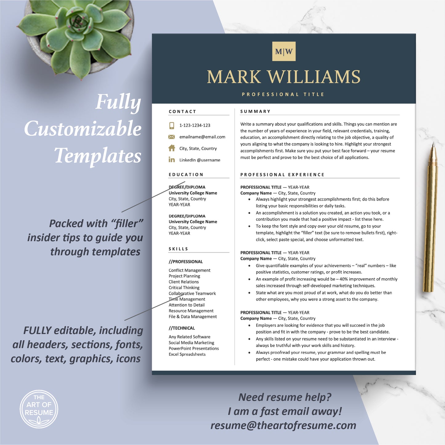 The Art of Resume Templates | One Page Professional Modern Resume CV Design Template Maker | Curriculum Vitae