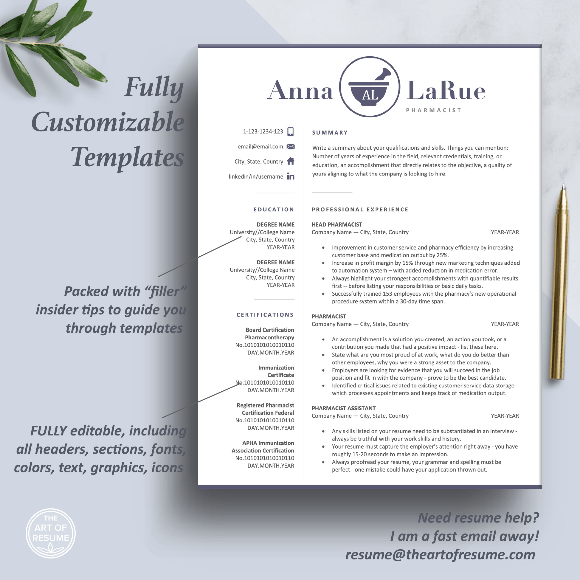 Pharmacist Resume Design | Pharmacy CV Template | Cover Letter - The Art of Resume