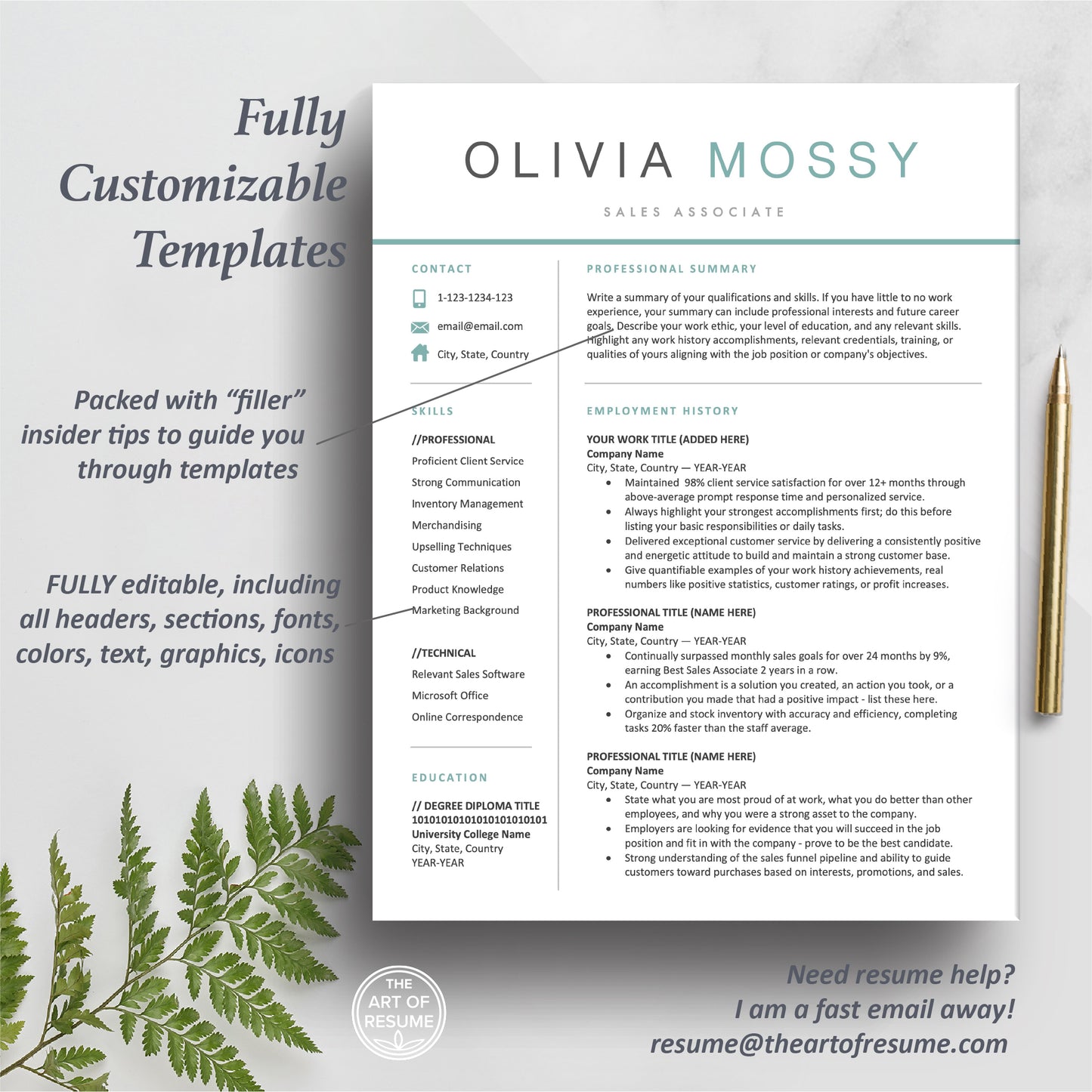 The Art of Resume | Teal Blue Resume Template Design Bundle Download | One Page Format
