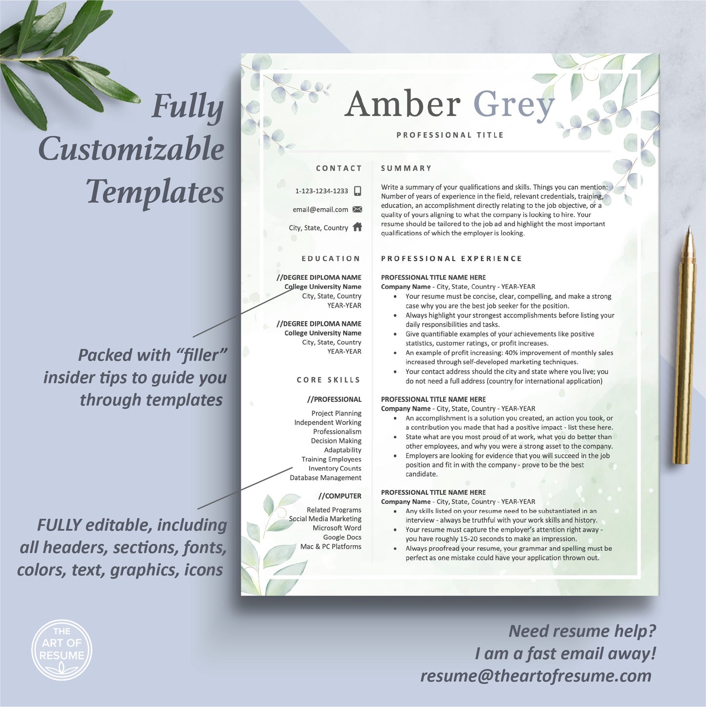 The Art of Resume | Creative Floral Resume Cv Template Design Bundle | 1 Page Resume Template Format