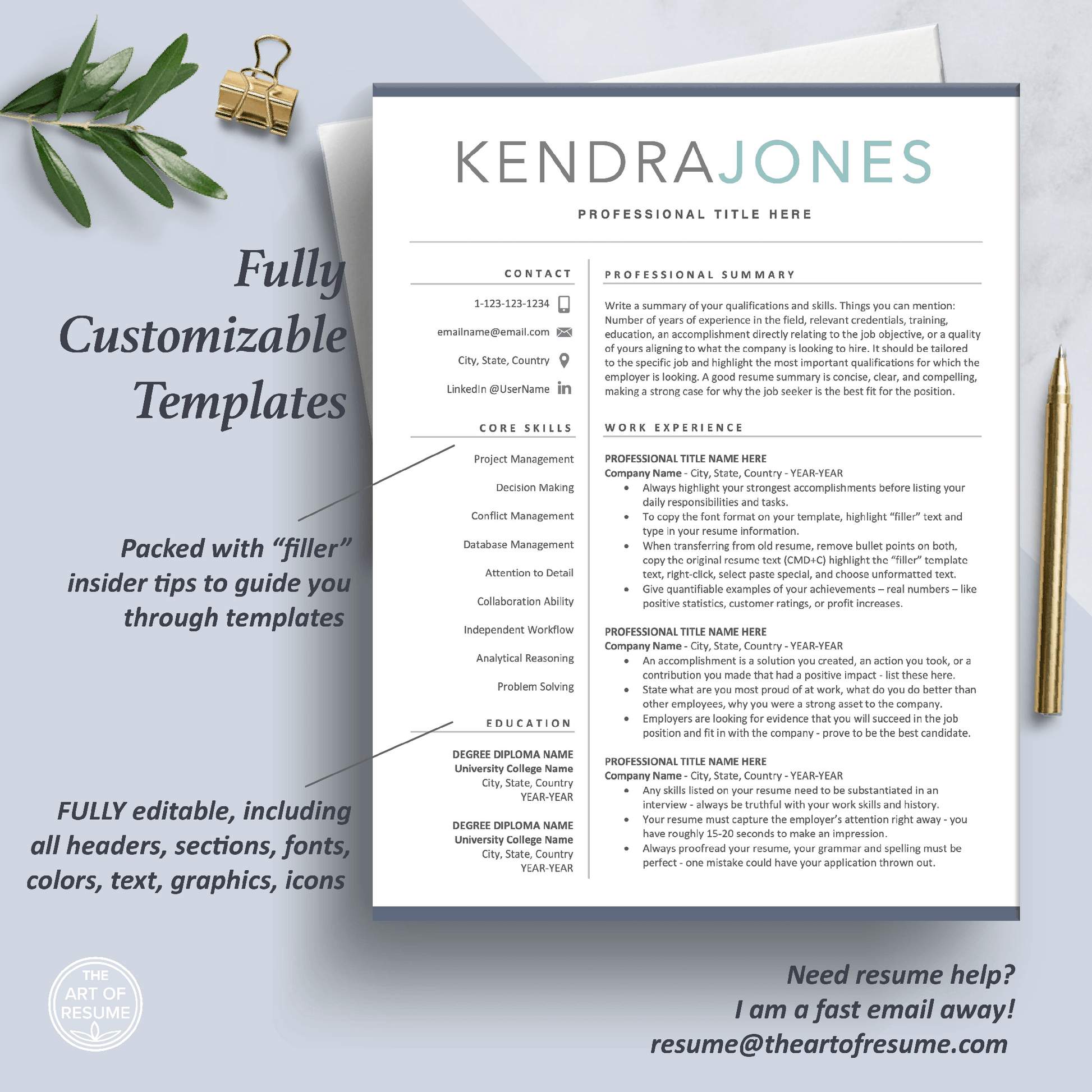 Modern Resume Template | Professional CV | Free Cover Letter - The Art of Resume
