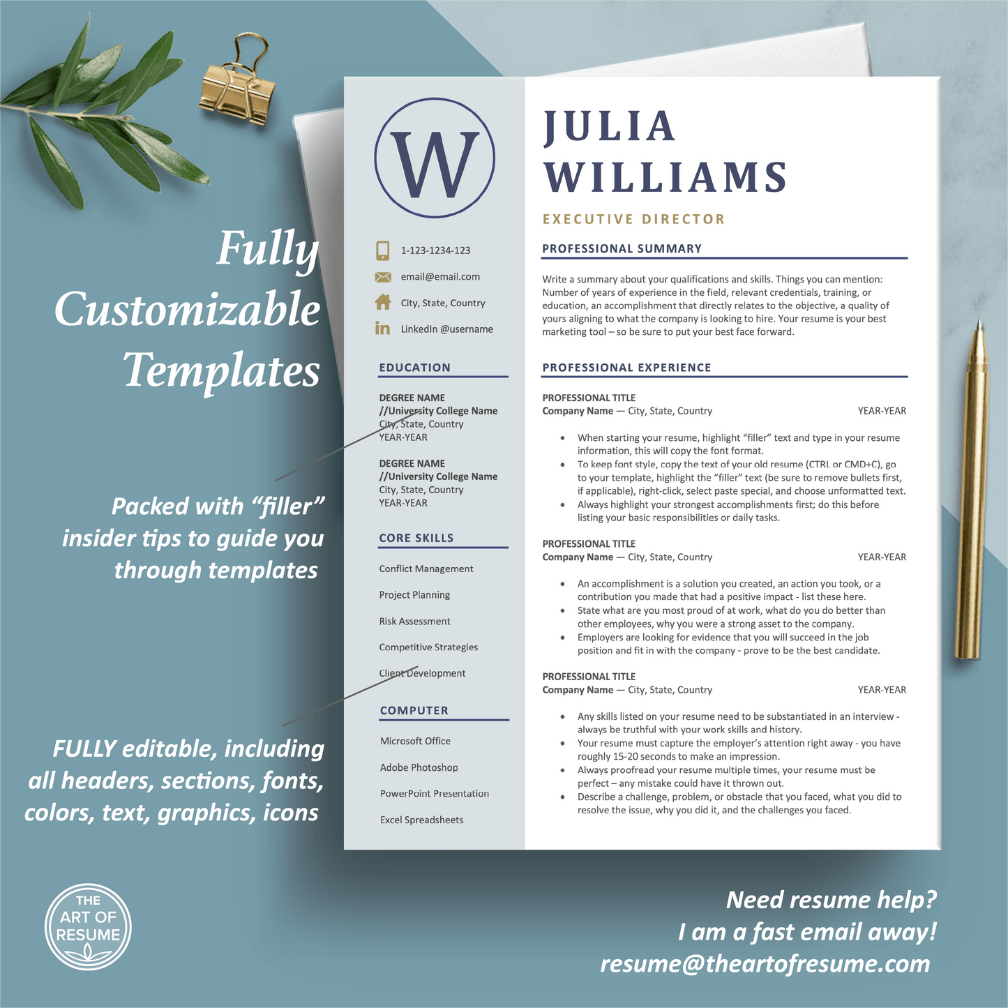 The Art of Resume Templates | One Page Professional Blue Resume CV Design Template Maker | Curriculum Vitae