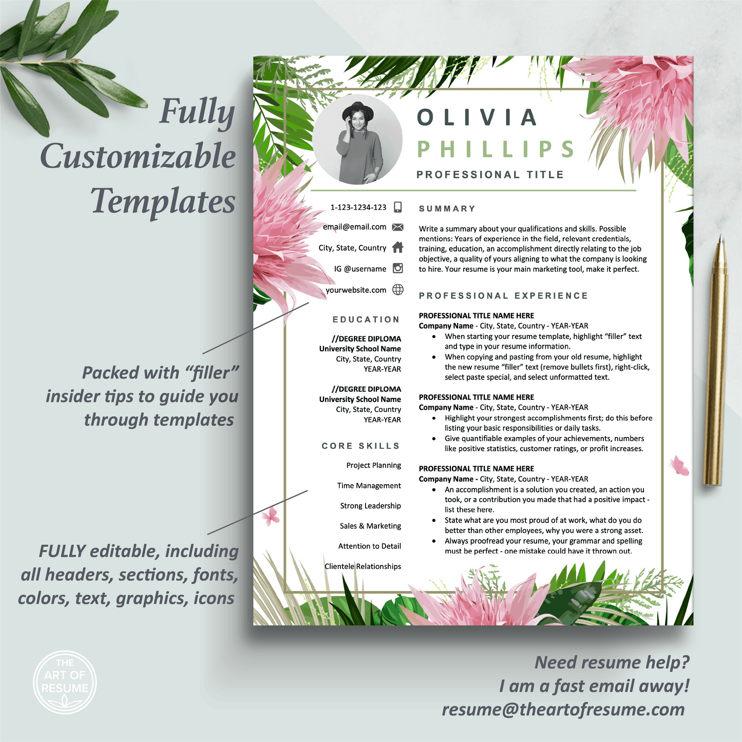 The Art of Resume Templates | One-Page Creative Pink Floral Resume CV Design Template Maker | Curriculum Vitae