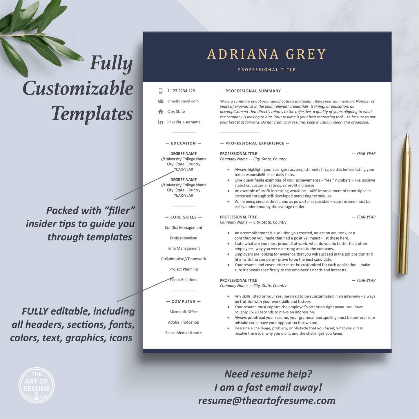 The Art of Resume Templates | One-Page Executive CEO C-Suite Level Navy Blue Resume CV Design Template Maker | Curriculum Vitae