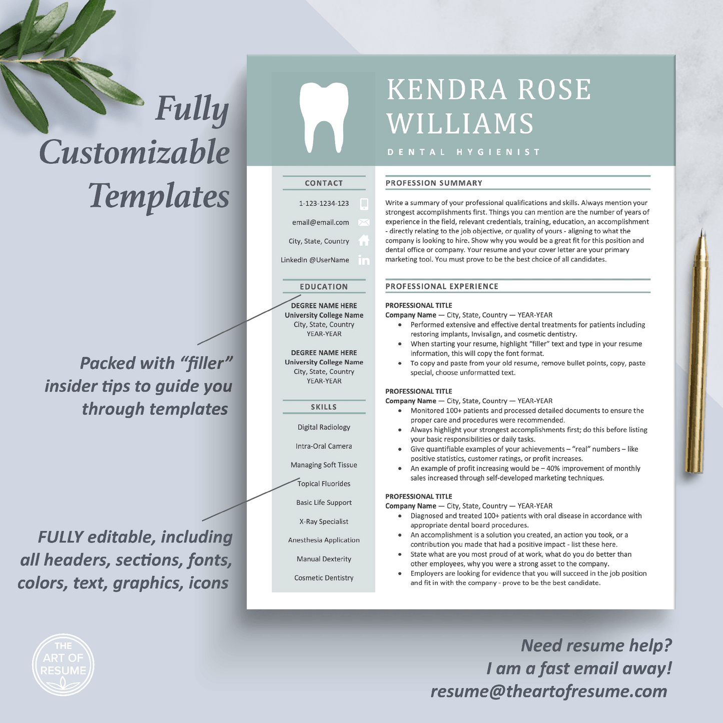 The Art of Resume Templates | One Page Dentist, Hygienist, Dental Student, Assistant Resume CV Design Template Maker | Curriculum Vitae