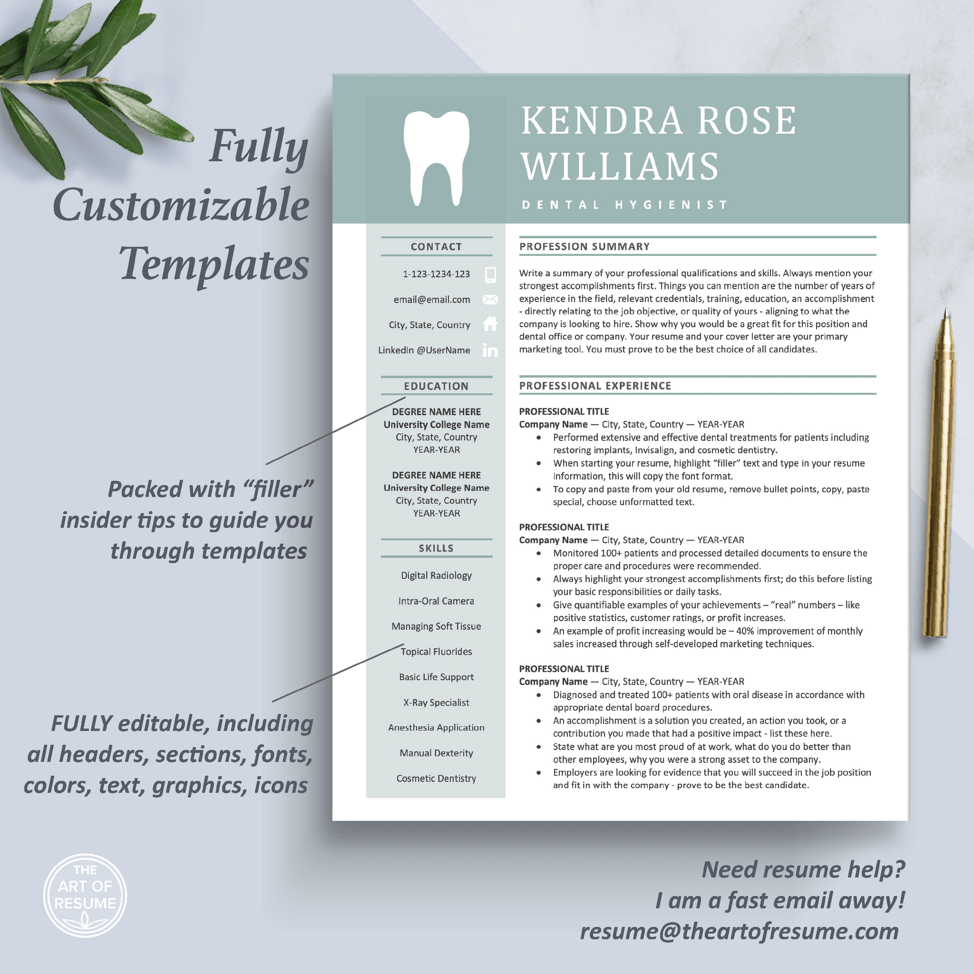 The Art of Resume Templates | One Page Dentist, Hygienist, Dental Student, Assistant Resume CV Design Template Maker | Curriculum Vitae