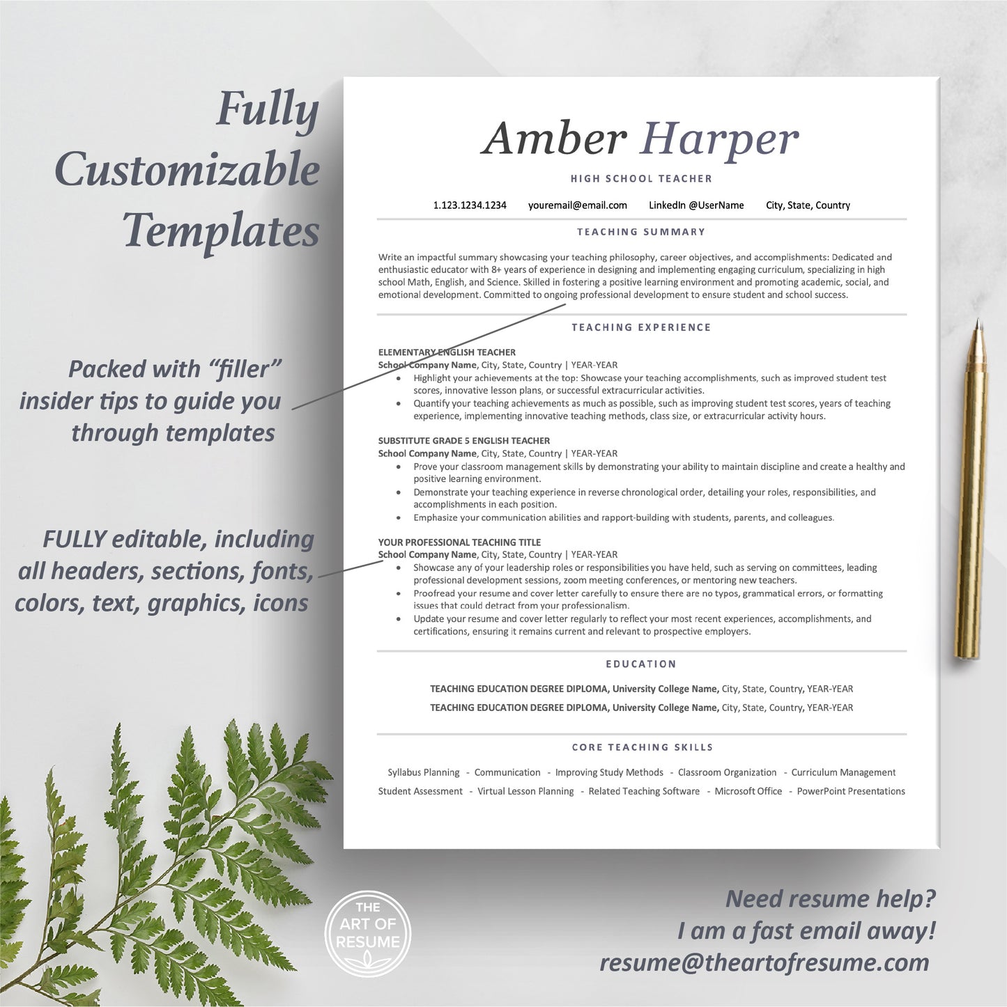 The Art of Resume Templates | One Page ATS-Friendly Teacher Educator Resume CV Design Template Maker | Curriculum Vitae