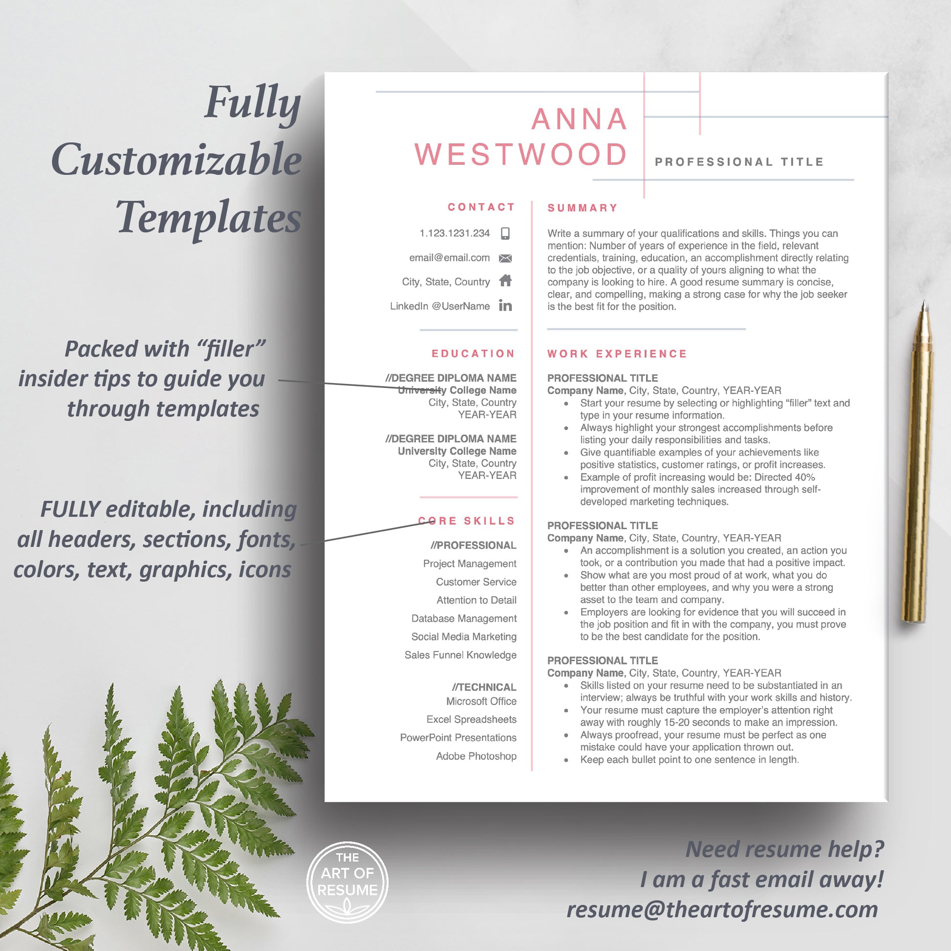 The Art of Resume | Professional Pink Resume Template Bundle | One Page Resume Format