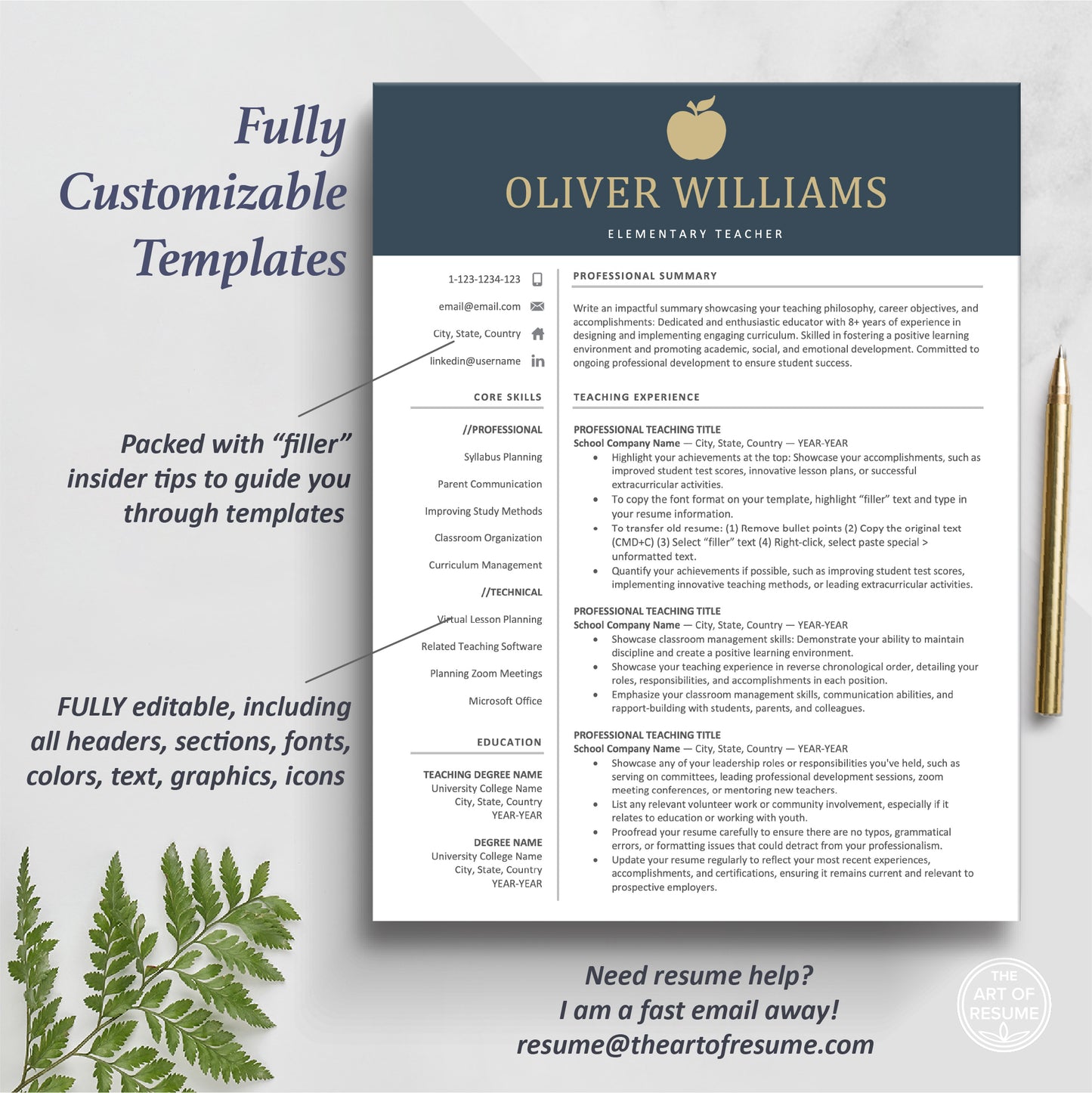The Art of Resume | Navy Blue Teacher Teaching Resume CV Template | One Page Educator Resume Format
