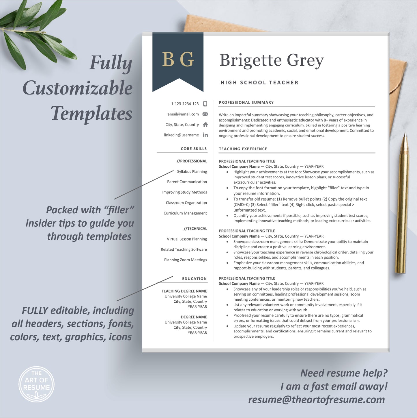 The Art of Resume Professional Navy Blue Teacher Resume Template Bundle | 1 Page Teaching Resume Format