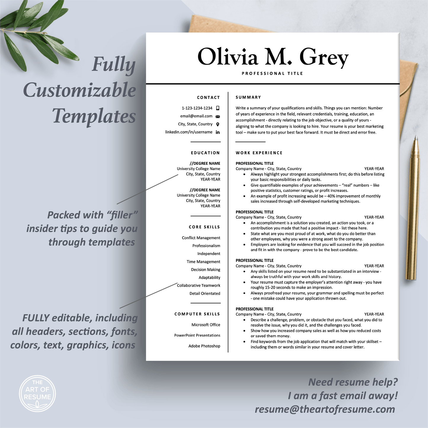 Professional Resume Design | Modern CV Printable | Resume Writing Guide - The Art of Resume