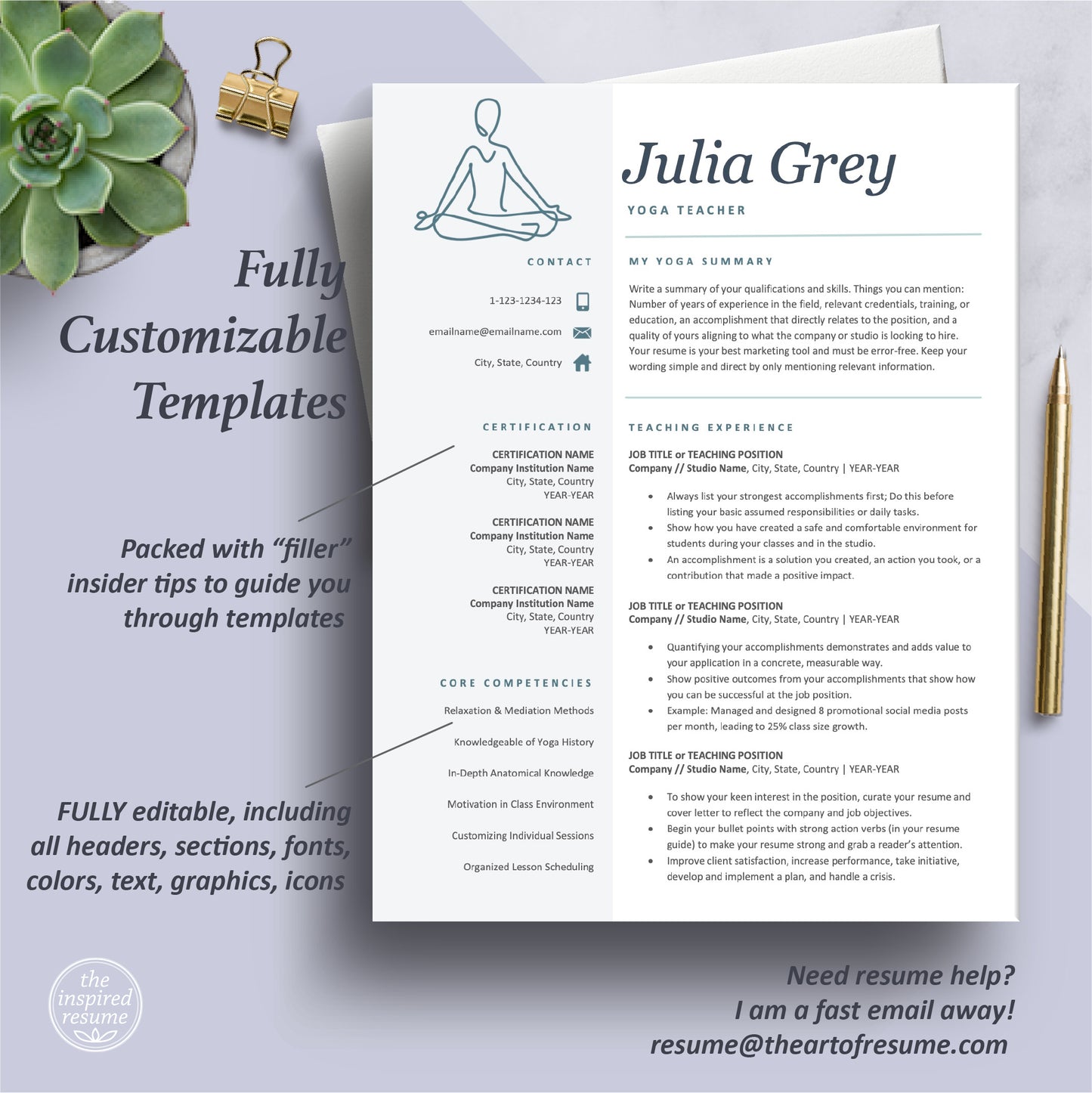 The Art of Resume Templates | One Page Yoga Teacher, Yoga Instructor Resume CV Design Template Maker | Curriculum Vitae
