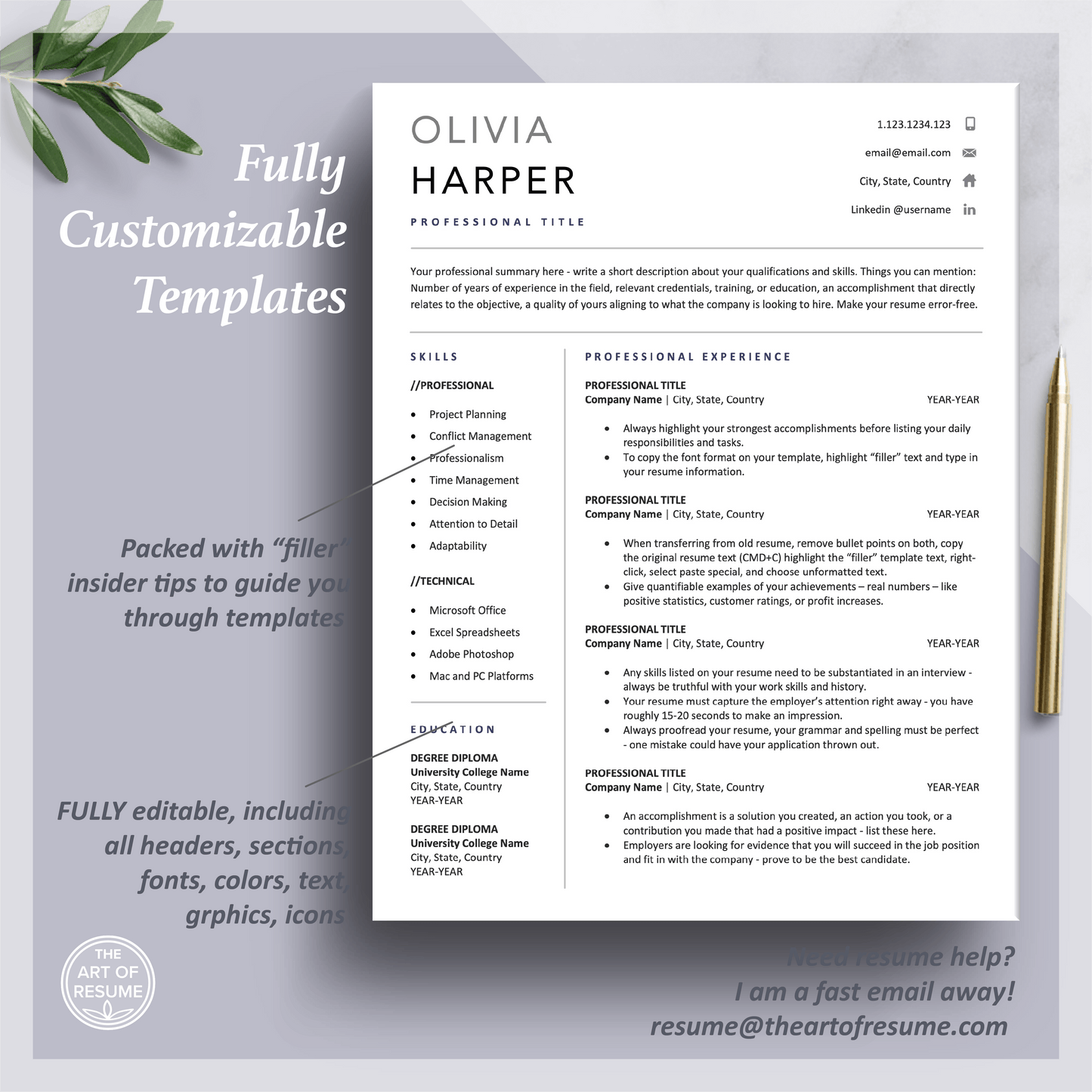 Executive Resume Template | Simple Professional CV Template | Free Cover Letter - The Art of Resume