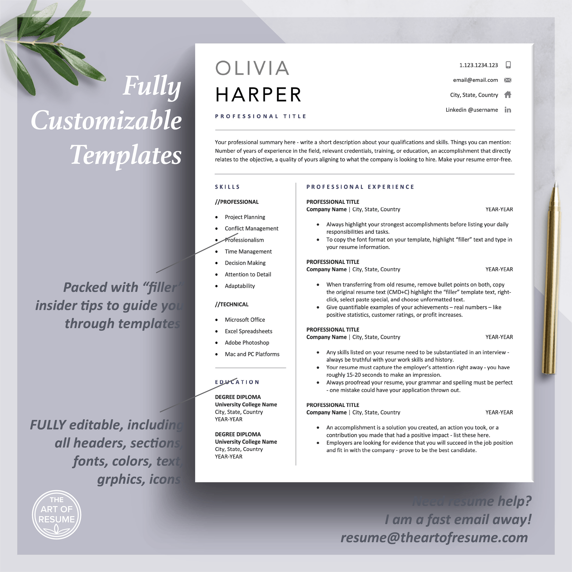 Executive Resume Template | Simple Professional CV Template | Free Cover Letter - The Art of Resume
