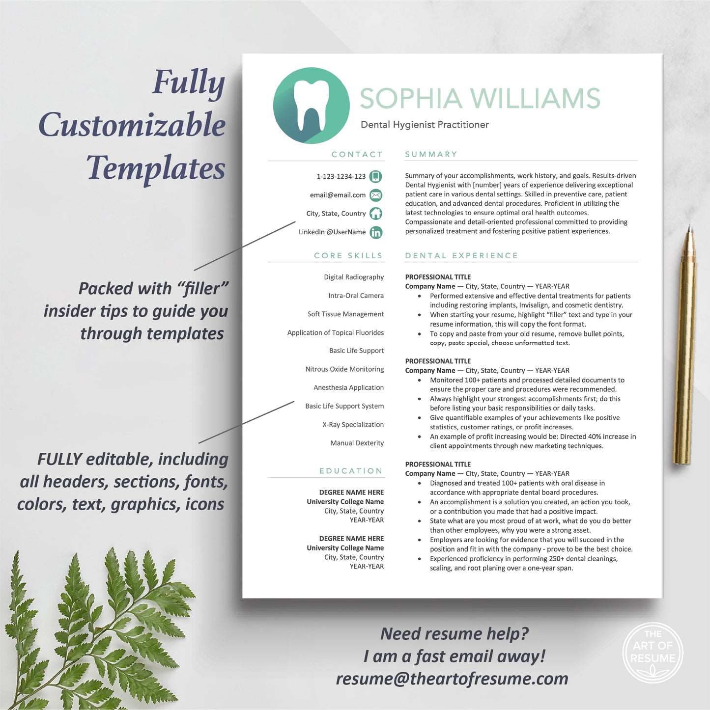 The Art of Resume | Dental Hygienist Dentist Resume CV Template Design Bundle Teal | 1 Page Resume Format