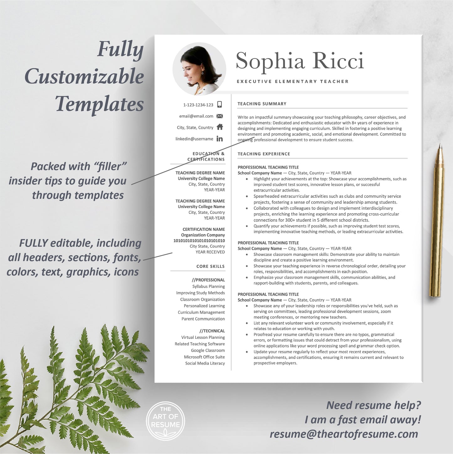 The Art of Resume | Teacher Teaching Resume Template with Photo Picture Bundle | 1 Page Resume Format