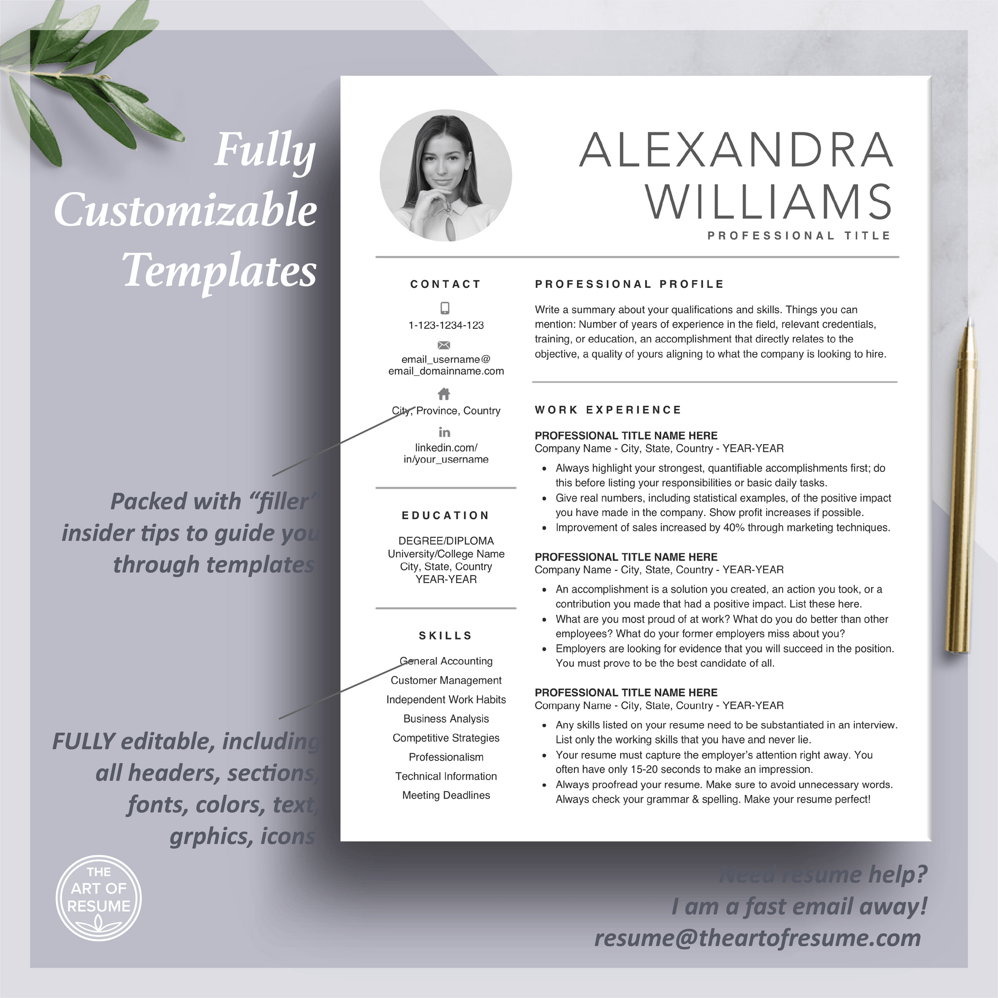Professional Resume Template Design with Headshot Photo Insert - The Art of Resume