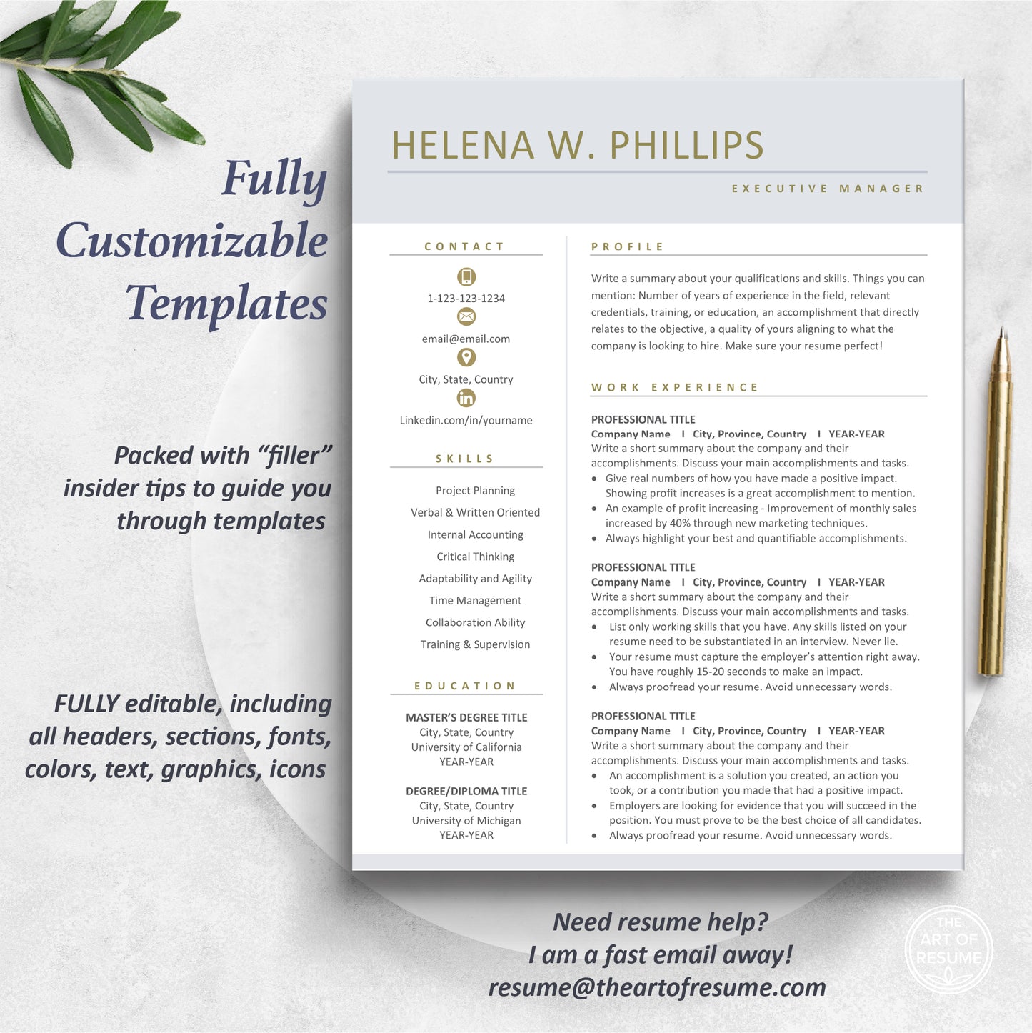 The Art of Resume Templates | One Page Executive C Suite Level Resume CV Design Template Maker | Curriculum Vitae