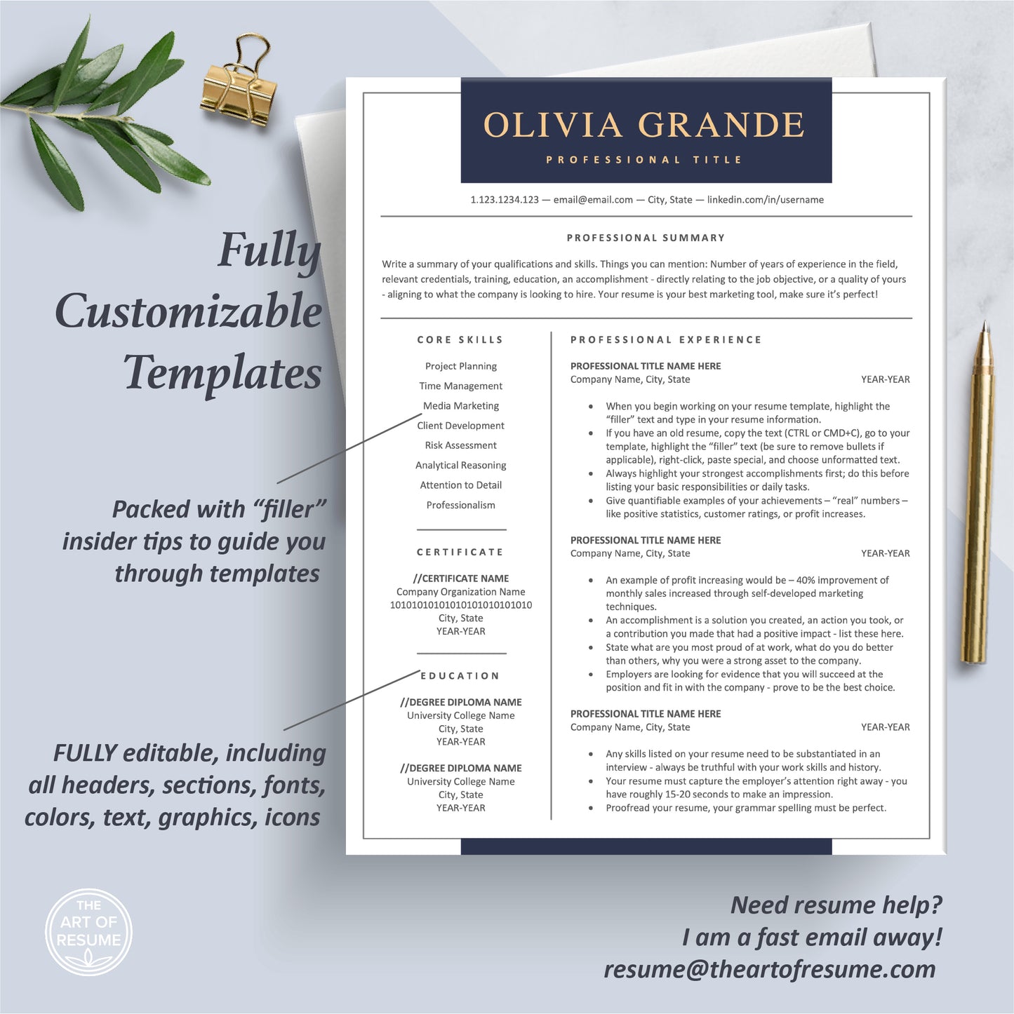 The Art of Resume Templates | One Page Executive C Suite Level Resume CV Design Template Maker | Curriculum Vitae