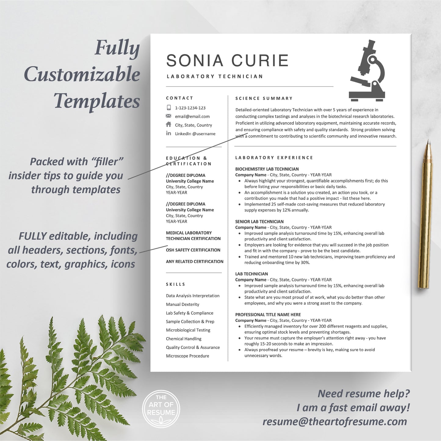The Art of Resume Templates | Science Resume Template, Scientist Resume, Lab Technician Resume with Microscope Design | 1 Page Resume Format
