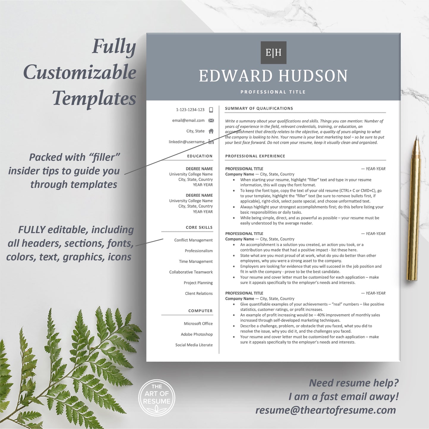 The Art of Resume Templates | One Page Professional Modern Blue Resume CV Design Template Maker | Curriculum Vitae