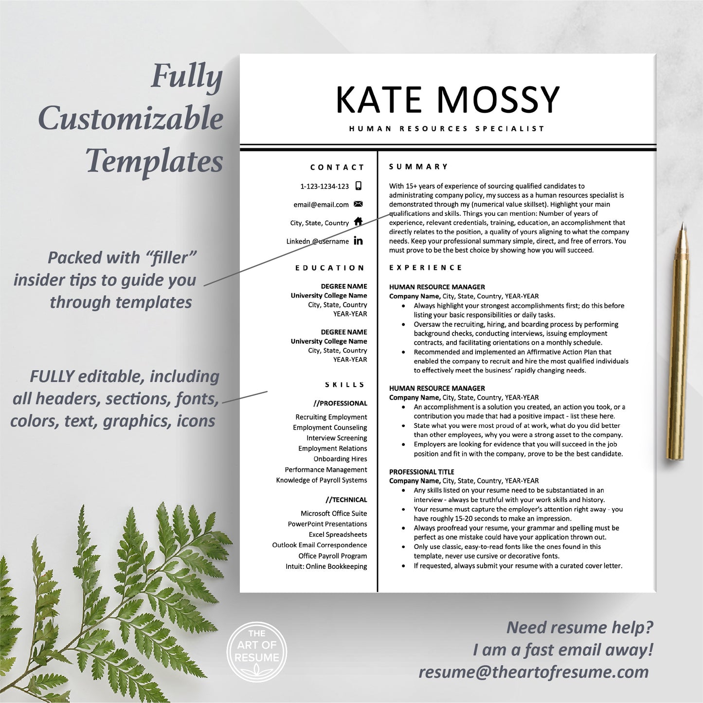 The Art of Resume Templates | One Page Professional HR Human Resources Resume CV Design Template Maker | Curriculum Vitae
