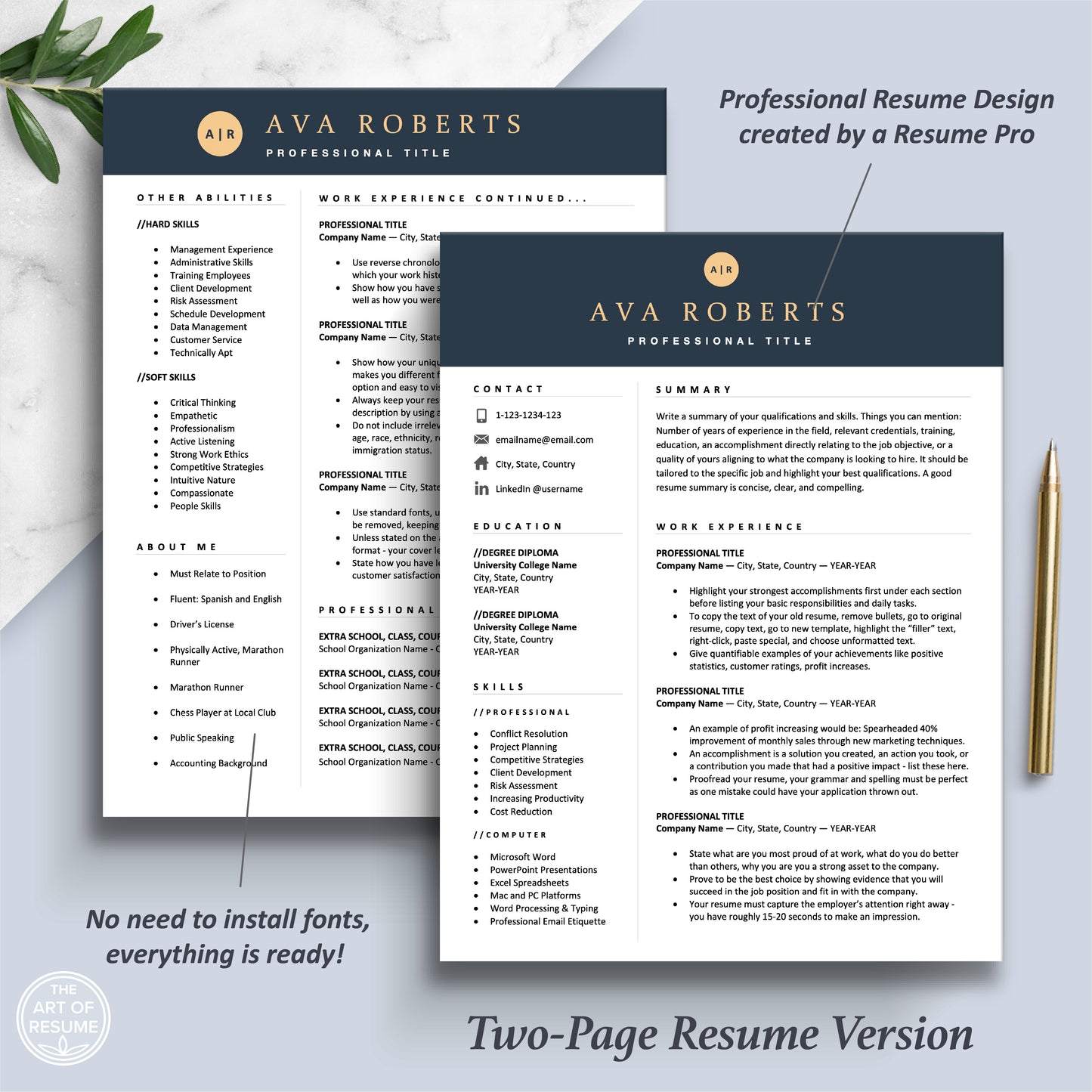 The Art of Resume Templates | Two-Page Modern Navy Blue Executive Resume CV Template | Curriculum Vitae