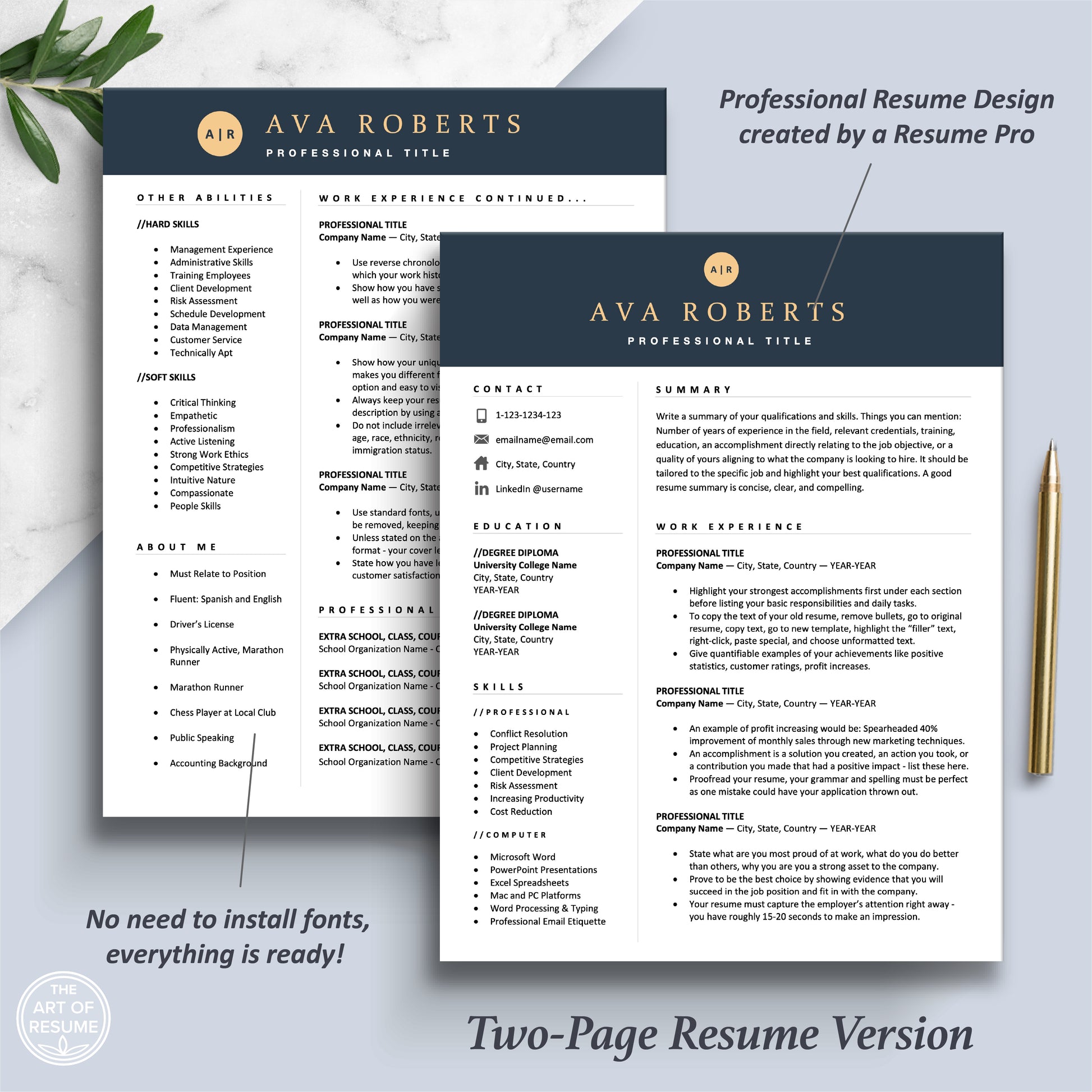 The Art of Resume Templates | Two-Page Modern Navy Blue Executive Resume CV Template | Curriculum Vitae
